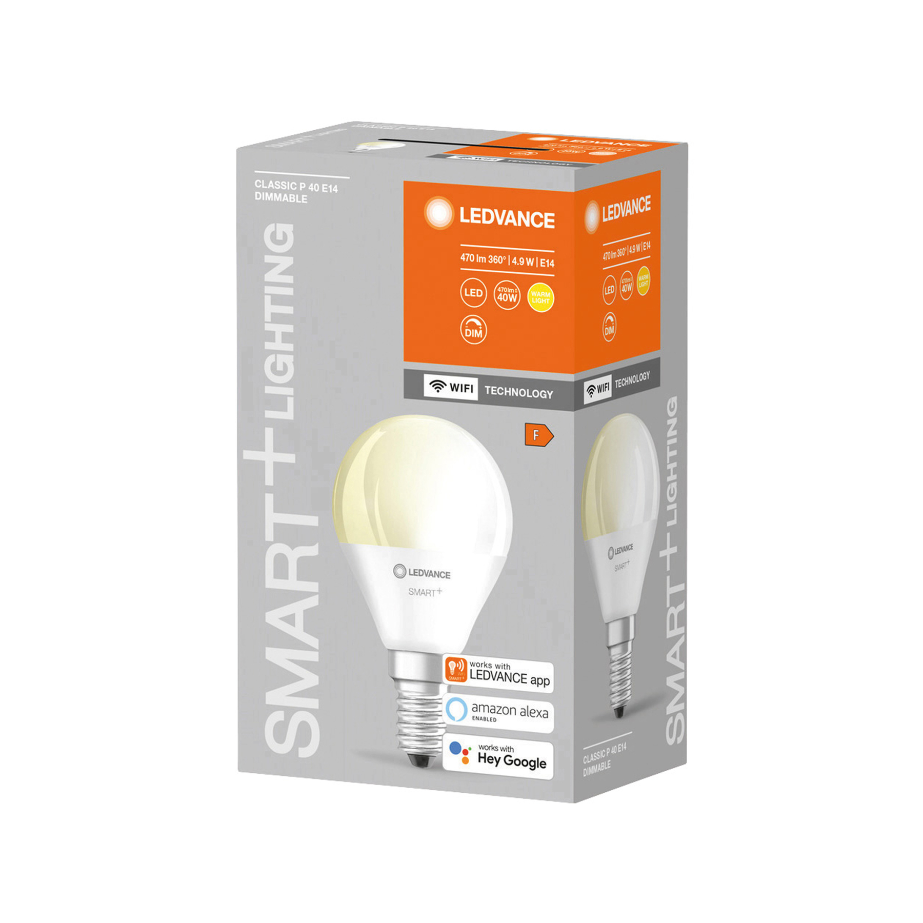 Żarówka w pudełku. Białe i pomarańczowe opakowanie. Tekst LEDVANCE i smart lighting.