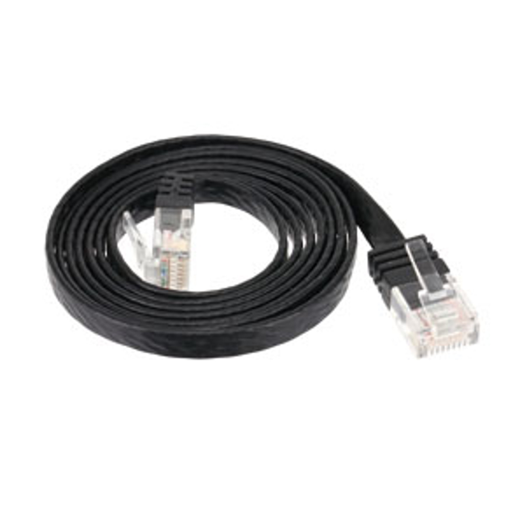 Un cavo di rete nero arrotolato con connettori RJ45.