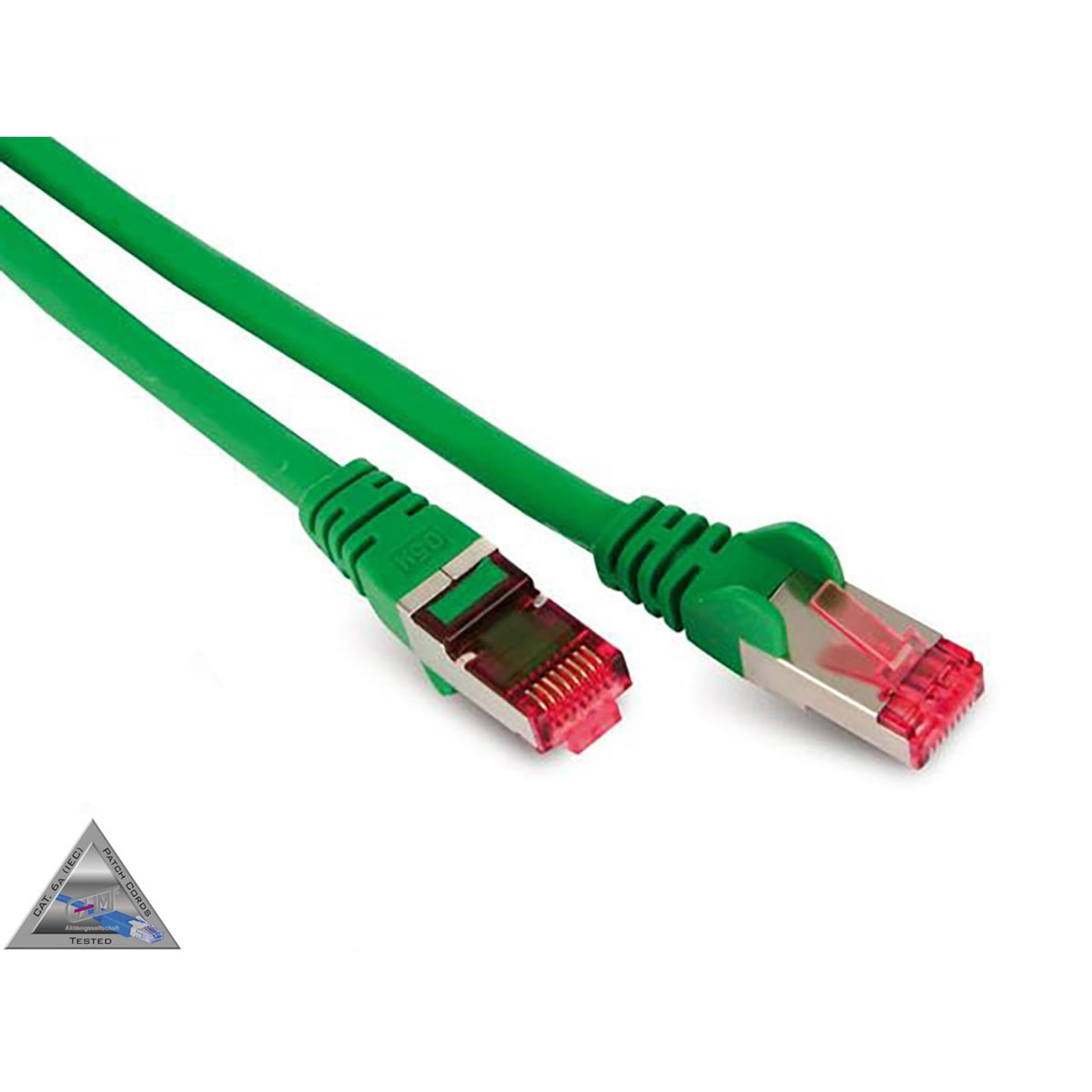 Grünes Ethernet-Kabel mit Steckern an beiden Enden. Die Stecker sind rot und haben einen Metallschild.