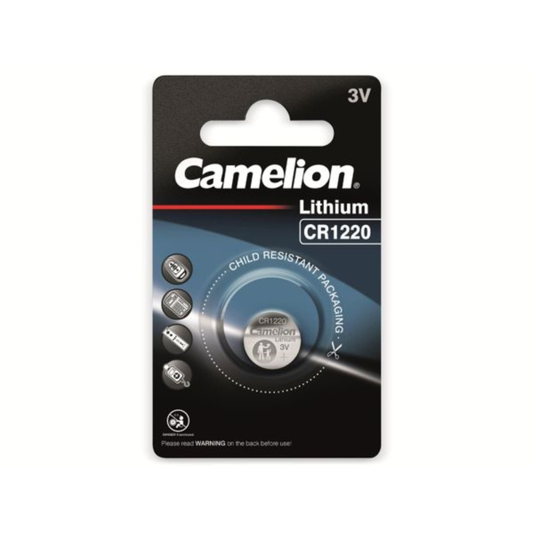 Una batteria Camelion Lithium CR1220 in una confezione bianca e nera con etichetta 3V.