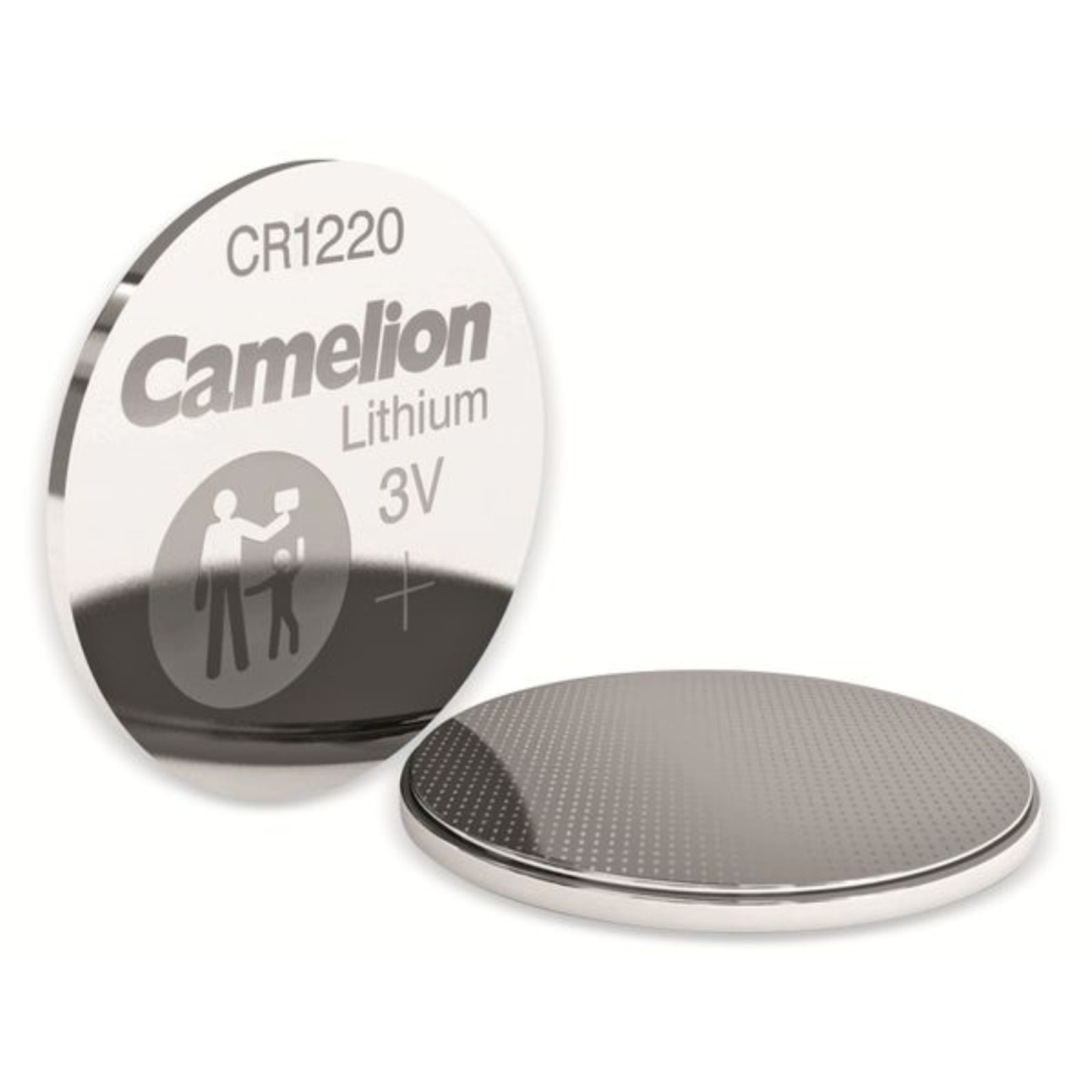 Due batterie Camelion Lithium CR1220, una con etichetta, su sfondo bianco.
