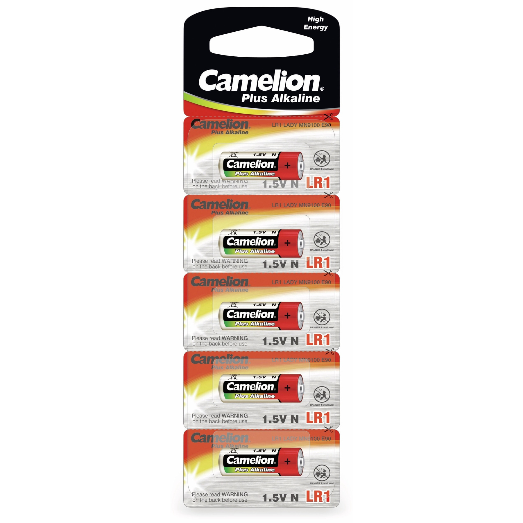 Una confezione di sei batterie Camelion Plus Alkaline, 1,5V LR1, con un design rosso e bianco.