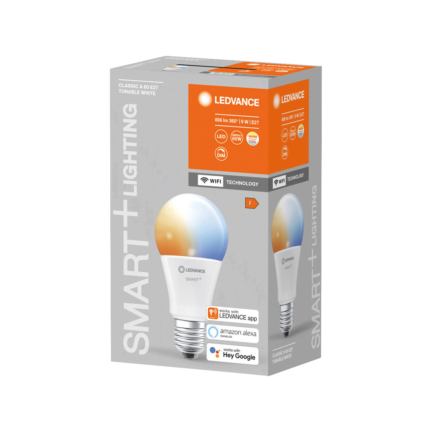 Żarówka w pudełku. Pudełko ma obrazek żarówki i tekst.