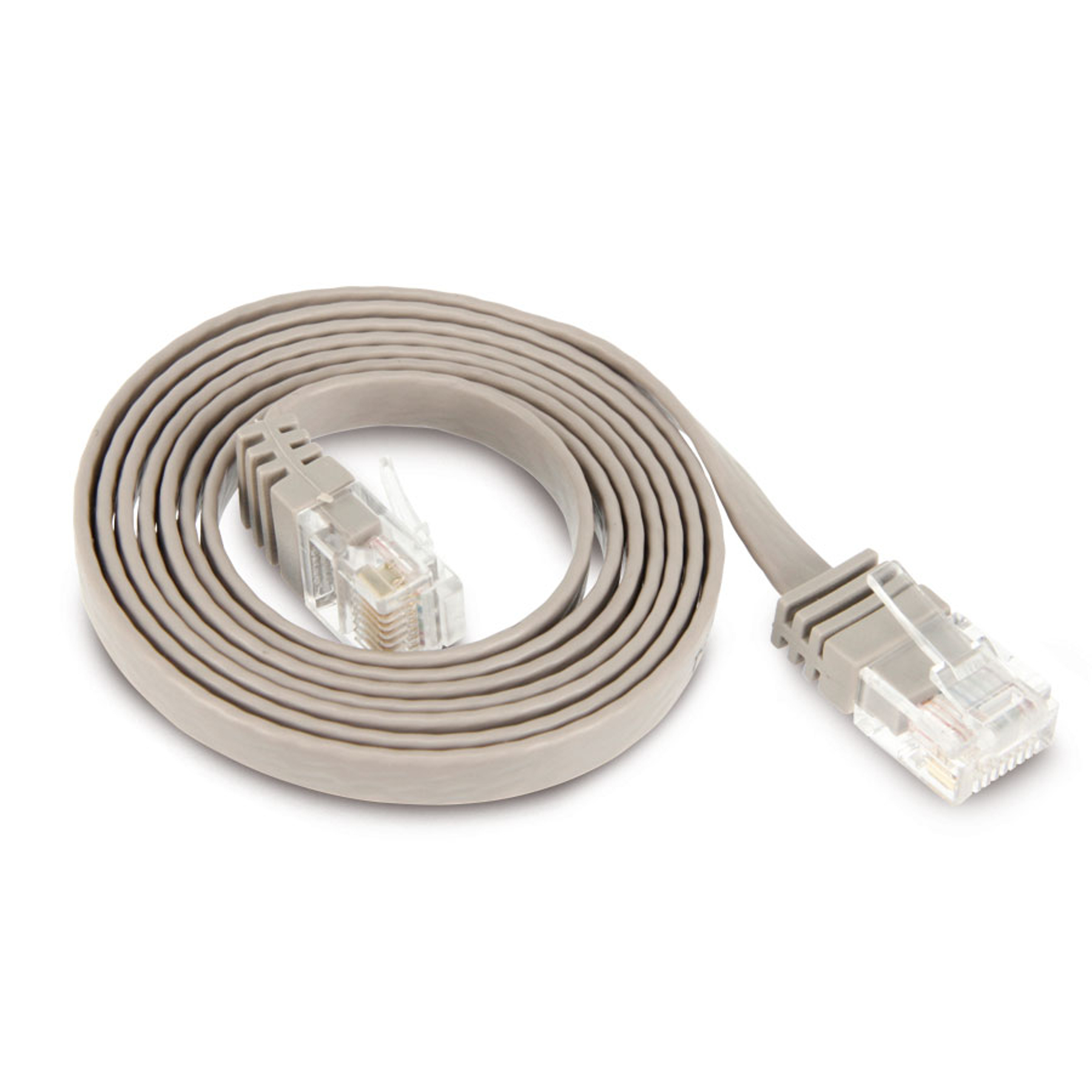 Cavo Ethernet grigio arrotolato. Entrambe le estremità hanno connettori. Sfondo bianco.