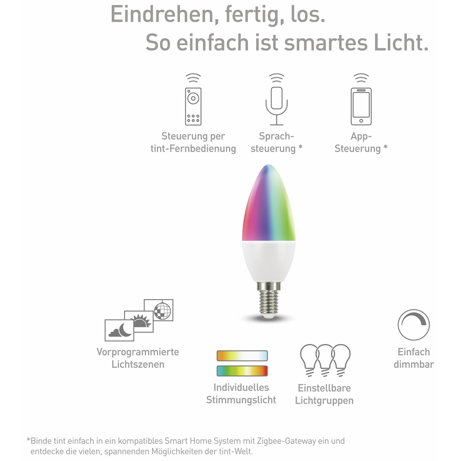 Eine Glühbirne mit farbenfrohem Glanz und Icons von Smart-Home-Steuerungsoptionen drumherum.