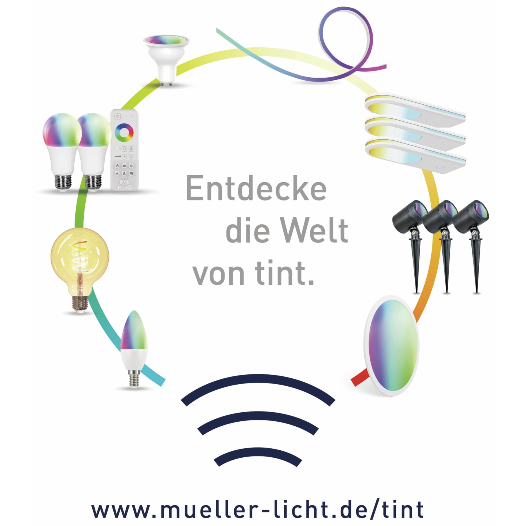 Eine Vielzahl von Smart-Home-Leuchten und -Geräten, die in einem Kreis angeordnet sind, mit Text zur Förderung der Marke.