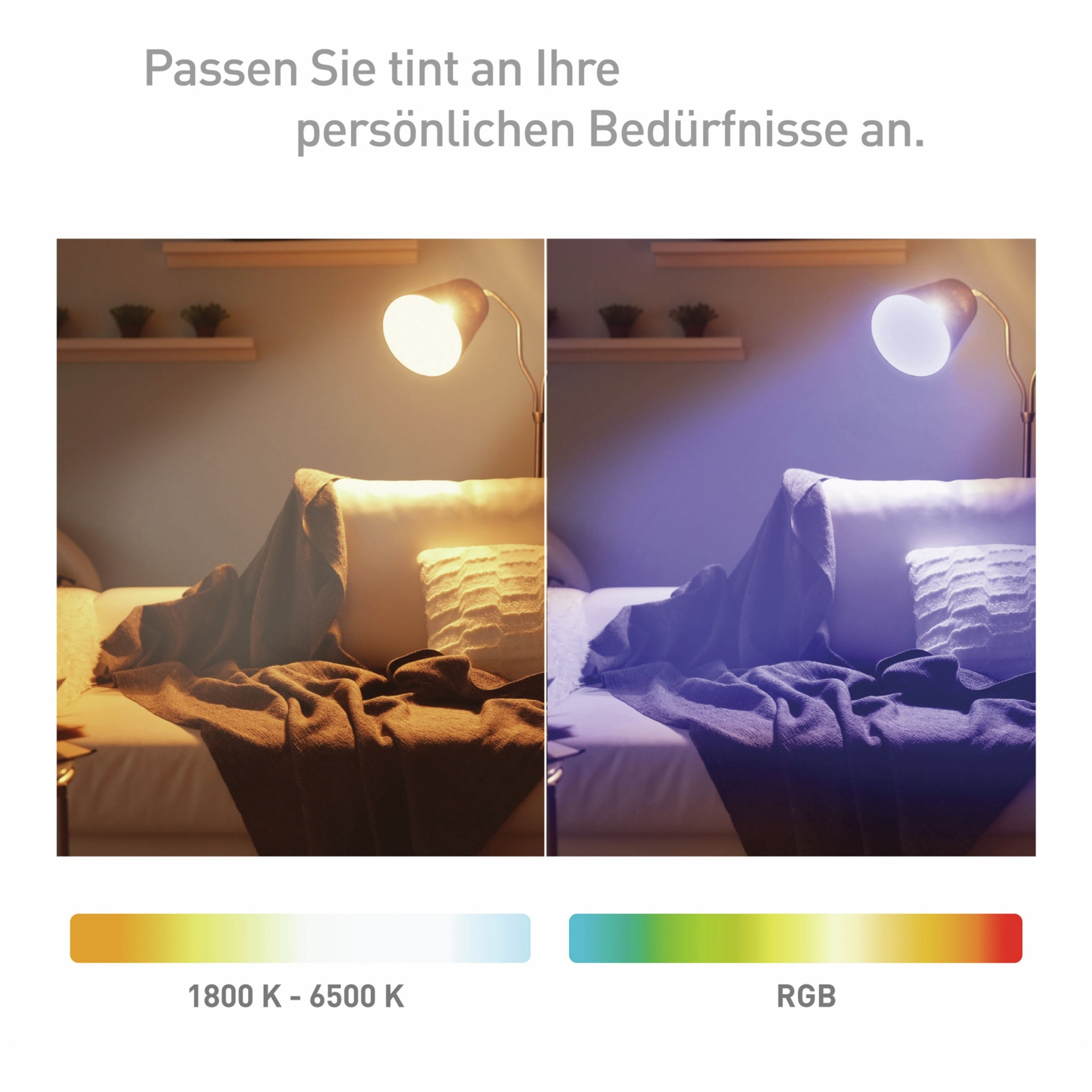 Zwei Lampen, eine gelb, eine blau, die Farbtemperatur zeigen.