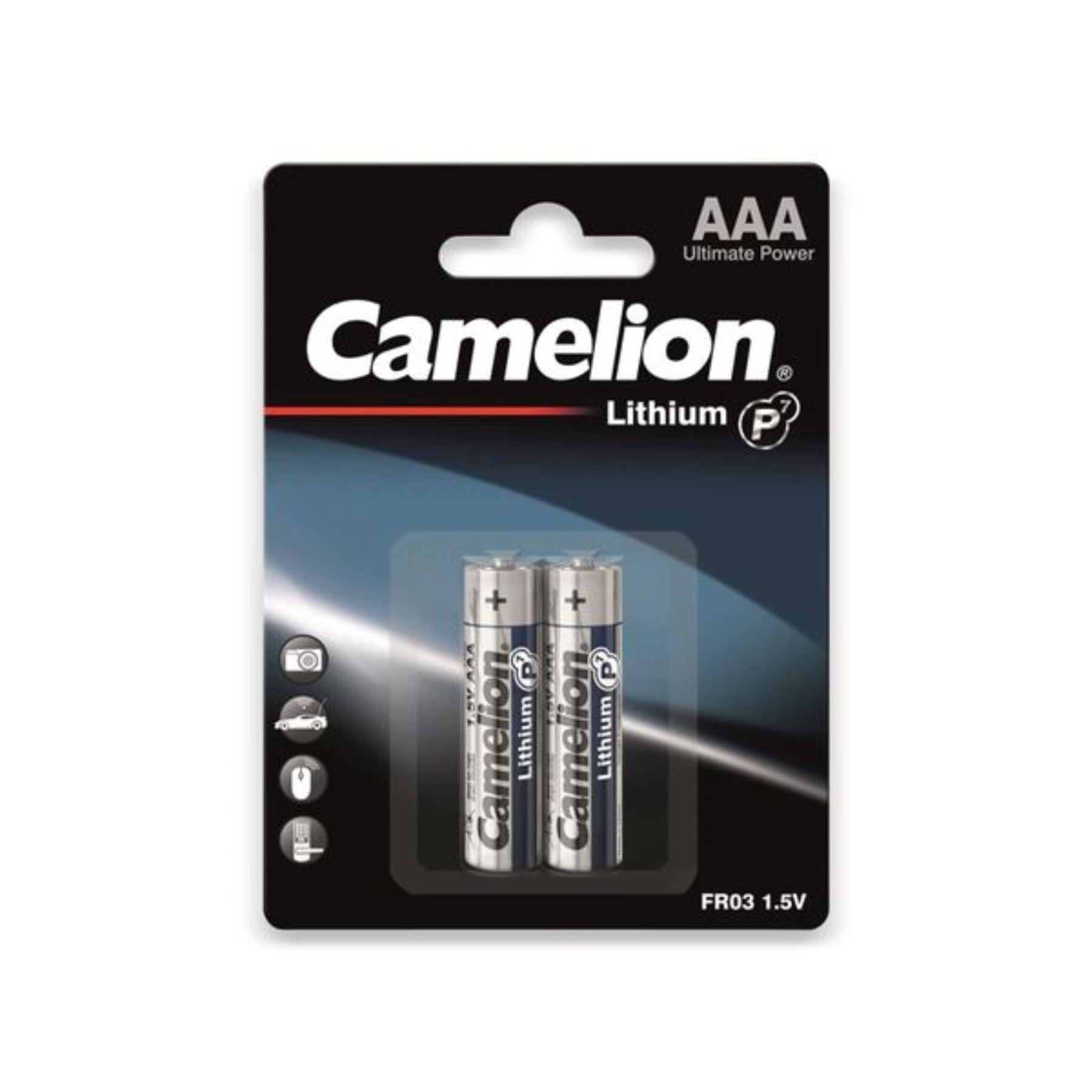 Opakowanie dwóch baterii Camelion Lithium AAA, w czarno-białym designie i 1.5V.
