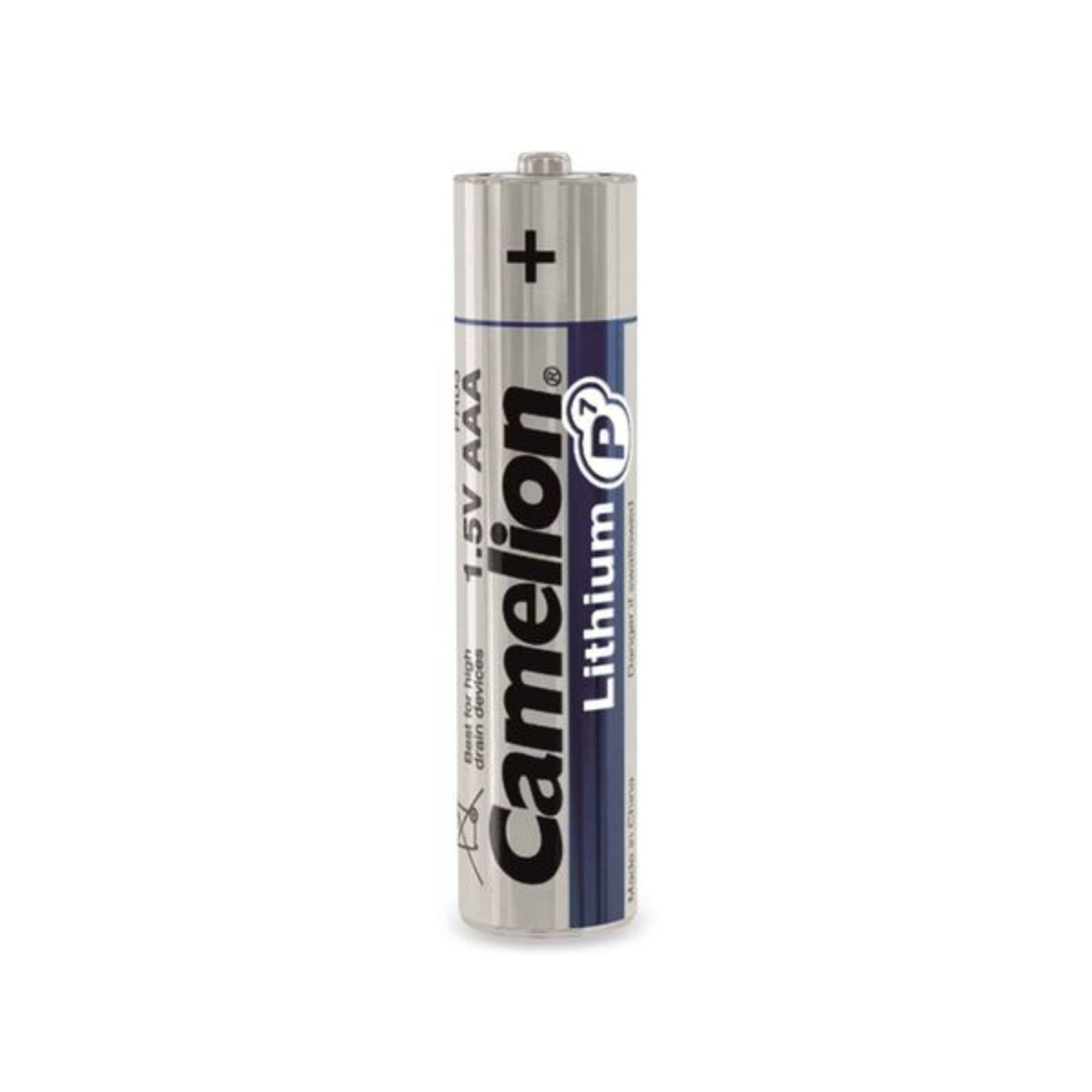 Pojedyncza bateria Camelion Lithium AAA 1.5V, srebrna z czarnym tekstem i znakiem plus.
