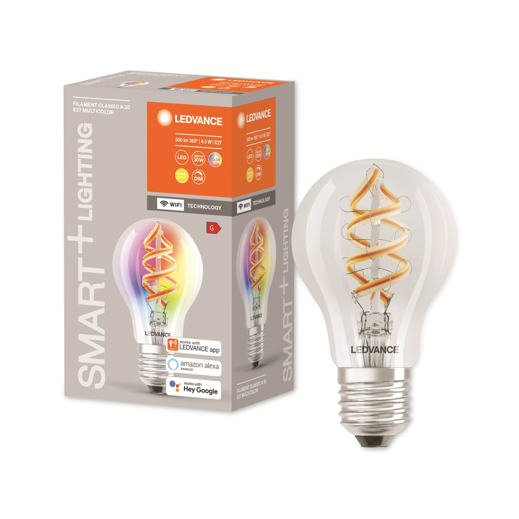 Pudełko żarówki LEDVANCE z kolorową żarówką i drugą zapaloną.