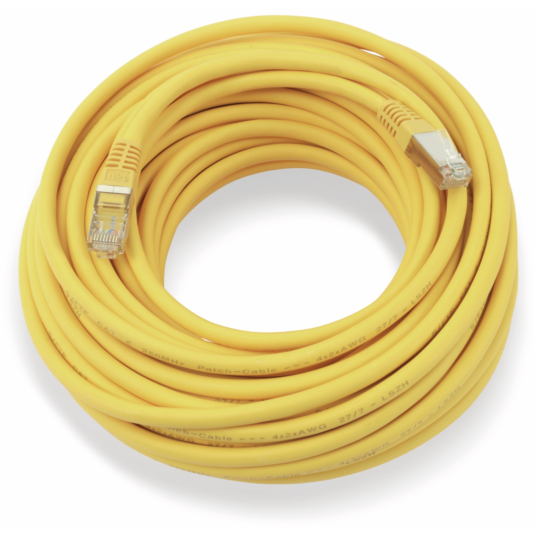 Cavo di rete giallo, arrotolato, con connettori a ciascuna estremità.