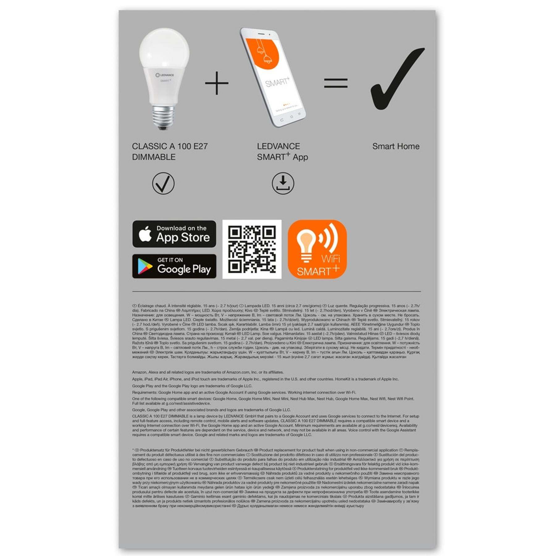 Un foglio informativo sul prodotto con testo, immagini e codici QR su una lampadina intelligente.