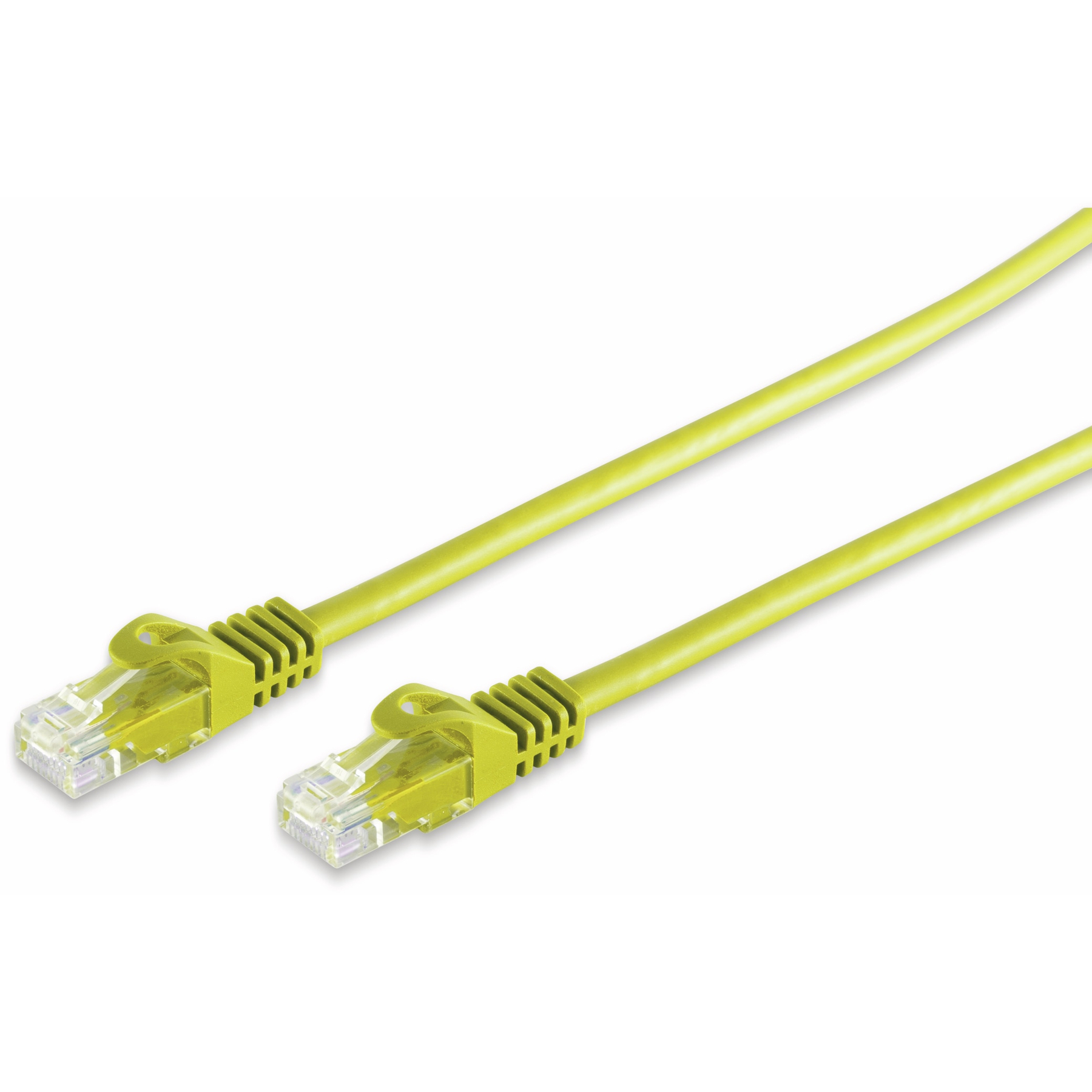 Zwei gelbe Ethernet-Kabel mit transparenten Steckern.