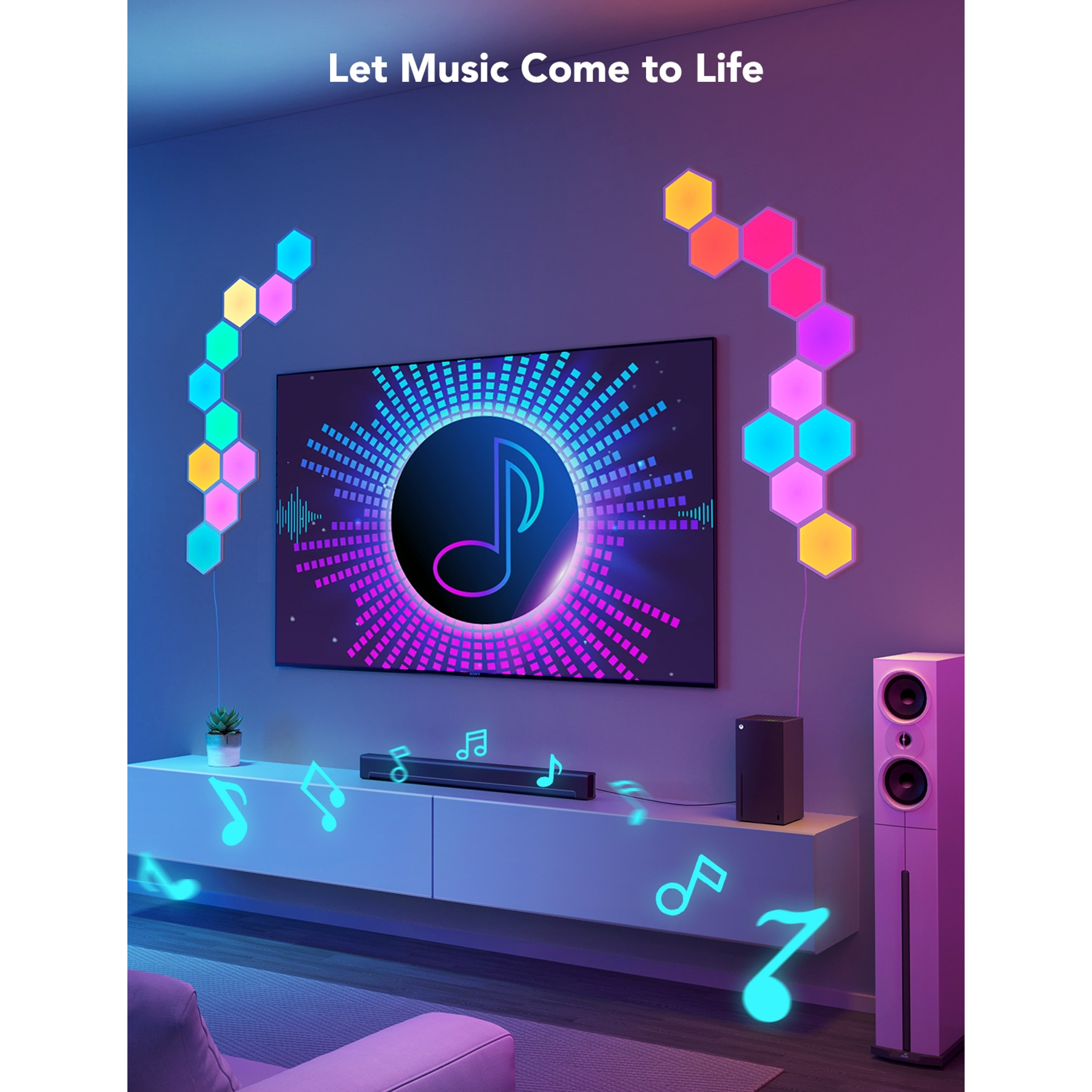 Wohnzimmer mit intelligenten Lichtern. Fernseher, Soundbar und Lautsprecher. Musiknoten Grafik.