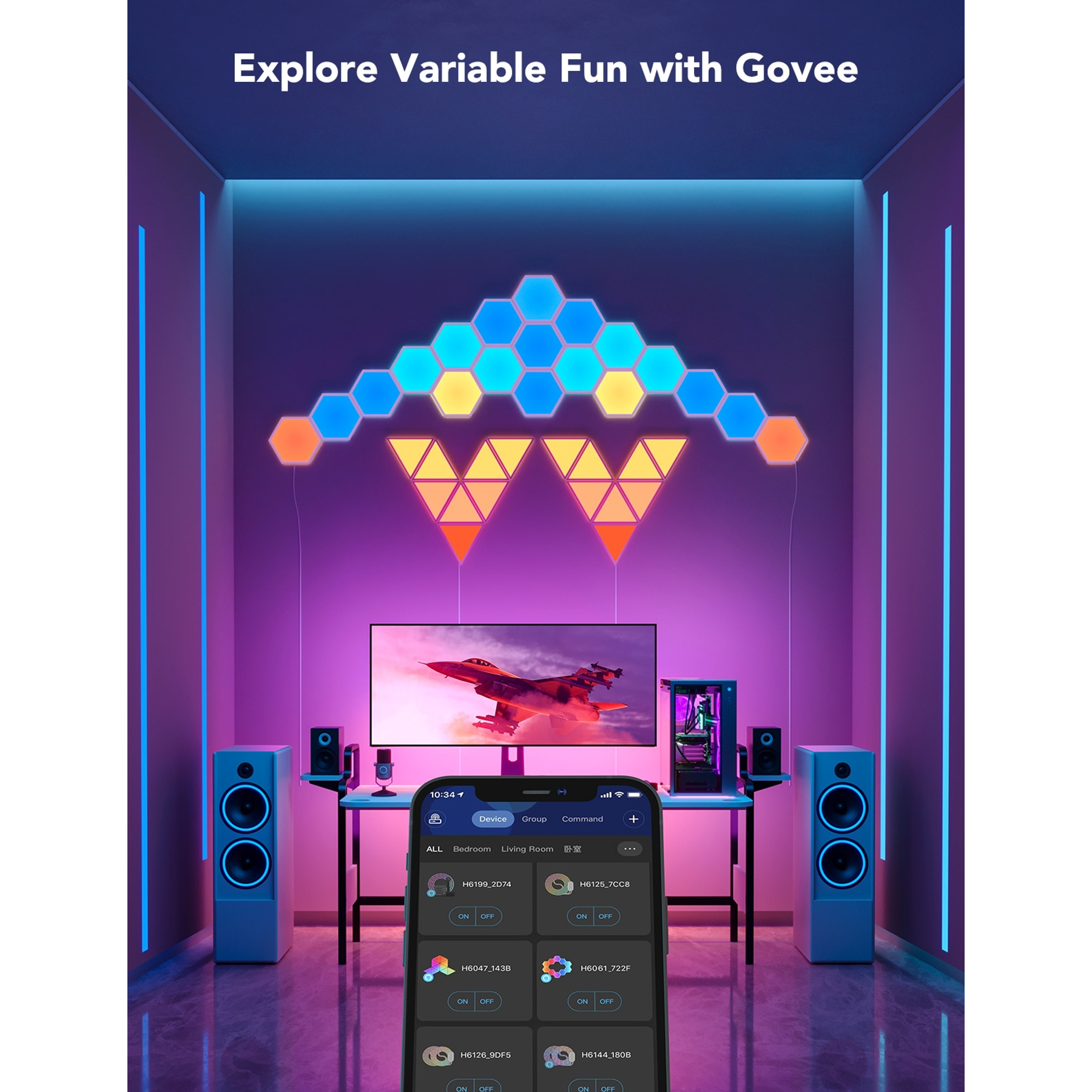 Ein Raum mit Govee-Lichtaufbau. Ein Fernseher, Lautsprecher und Smart-Home-Steuerung auf einem Telefon.