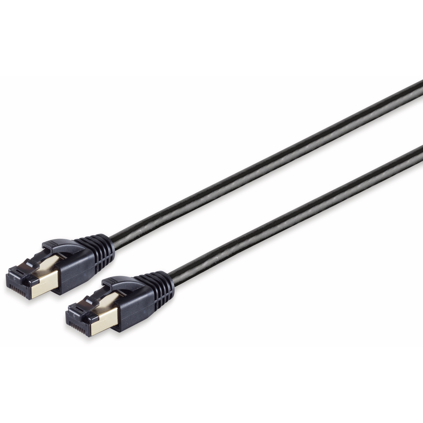 Zwei schwarze Netzwerkkabel mit schwarzen RJ45-Anschlüssen.