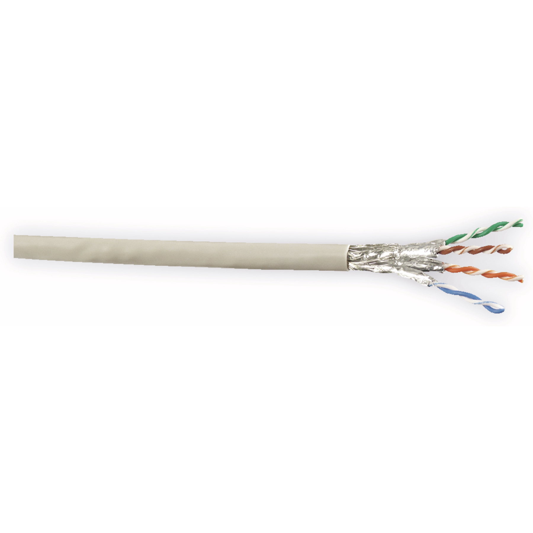 Geschnittenes Netzwerkkabel mit freiliegenden Drähten. Das Kabel ist grau, Drähte sind blau, grün, orange.