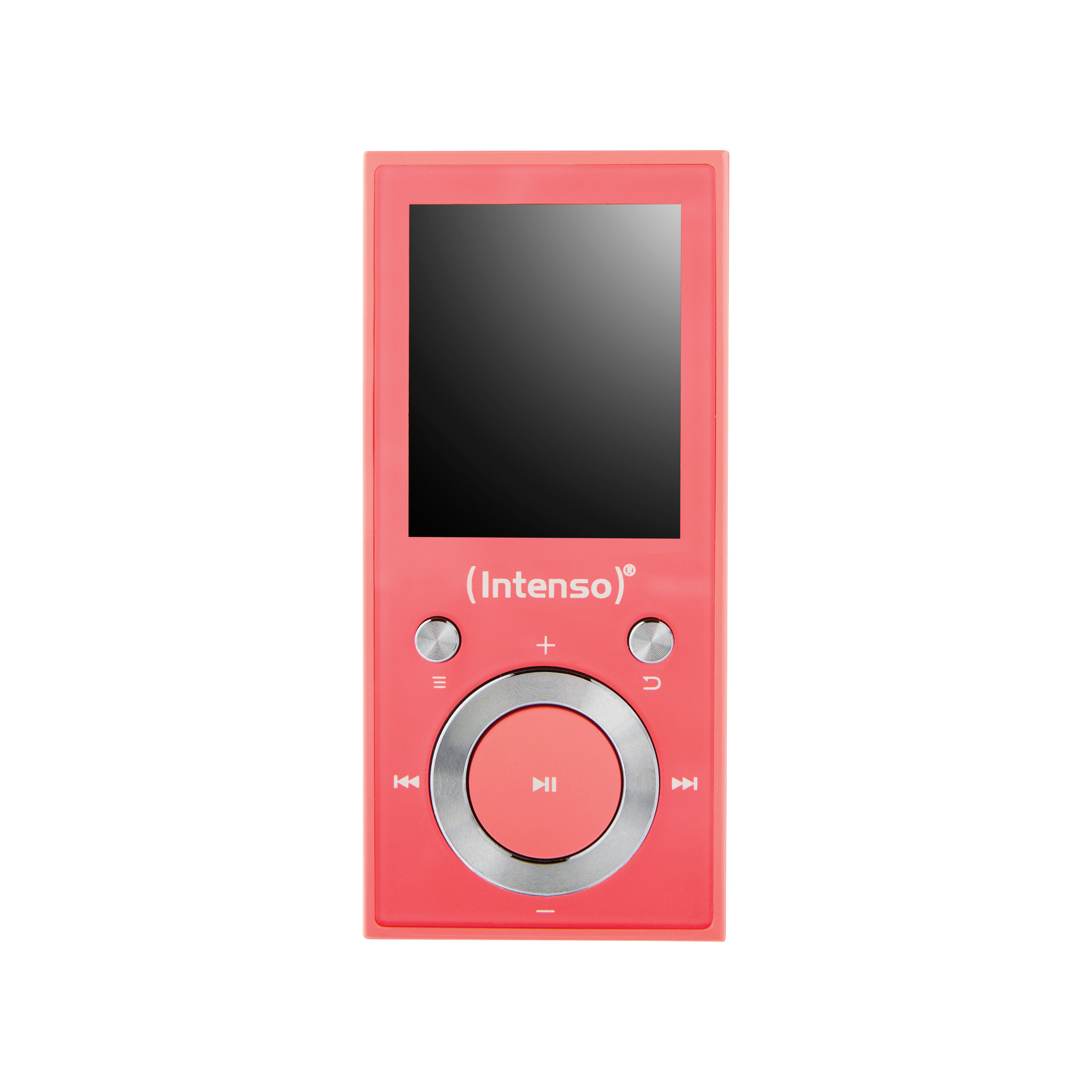 Ein korallenroter MP3-Player mit Bildschirm, Tasten und einem kreisförmigen Steuerungsknopf.