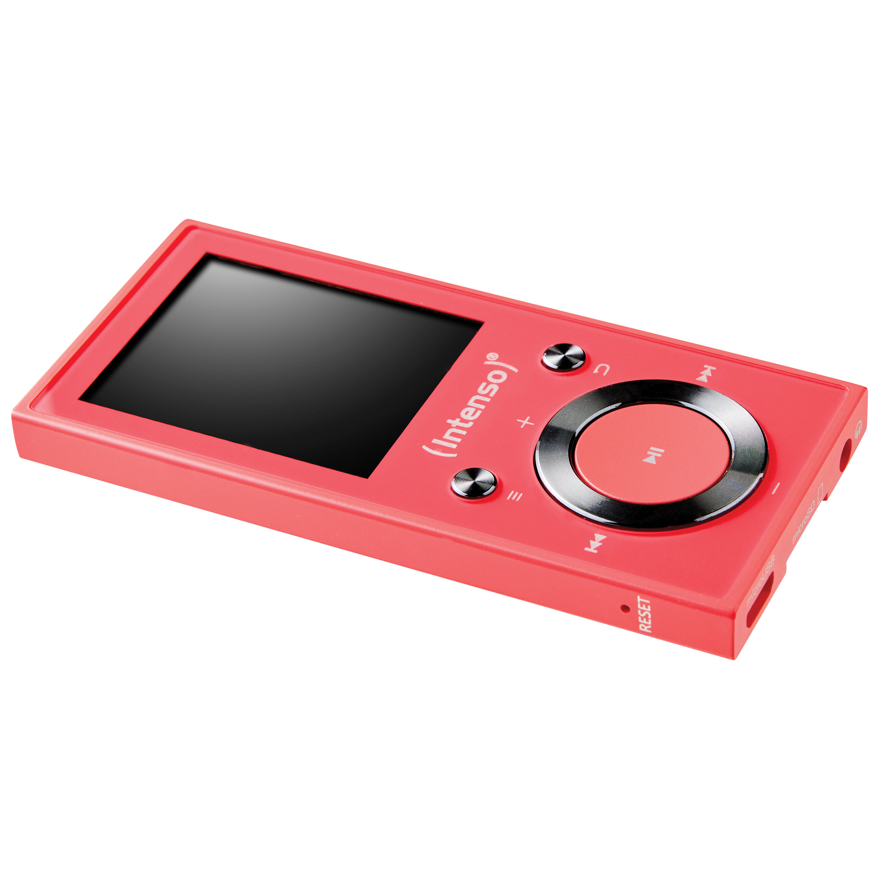 Ein roter MP3-Player mit schwarzem Bildschirm und Knöpfen auf weißem Hintergrund.