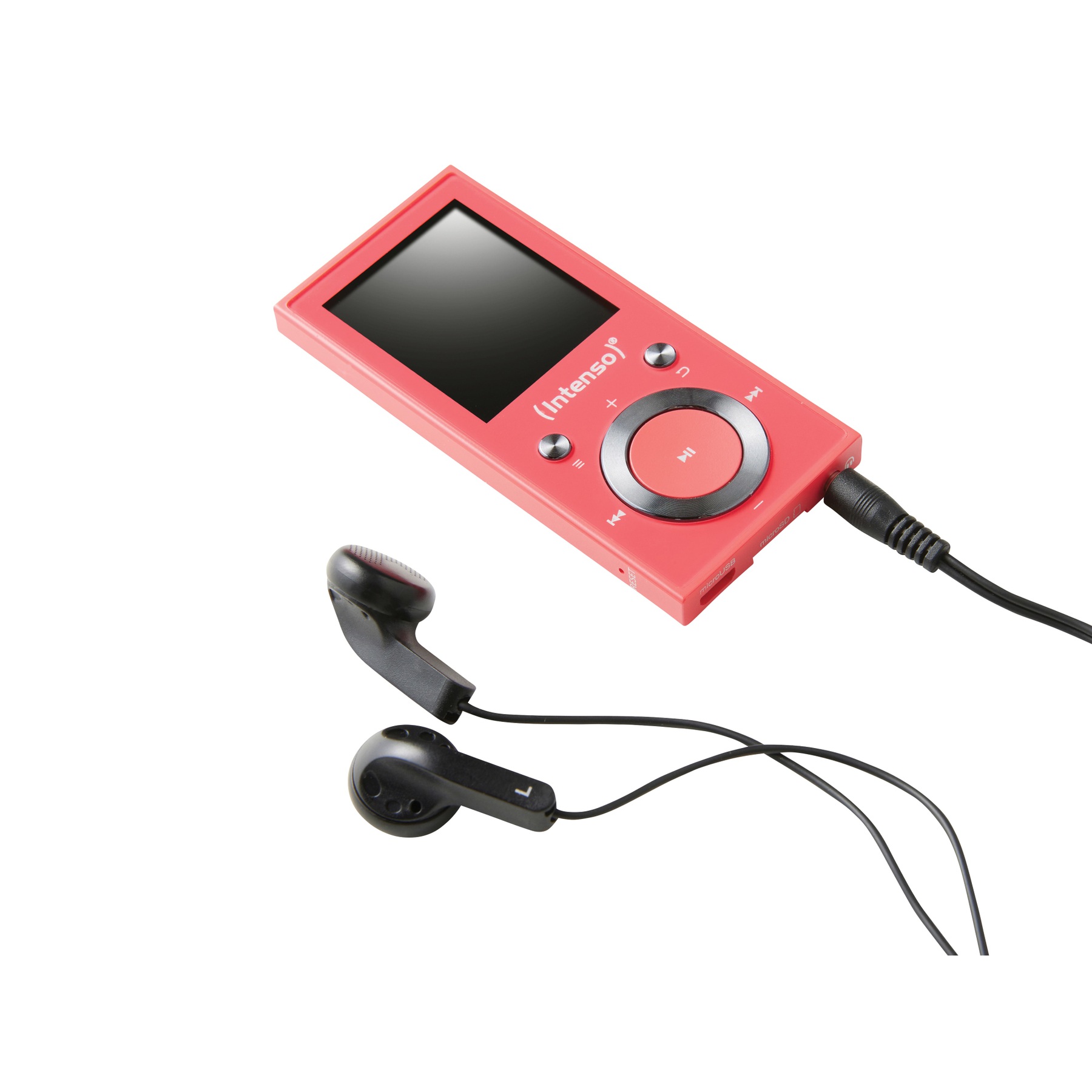Roter MP3-Player mit Bildschirm, Knöpfen und schwarzen Ohrhörern.