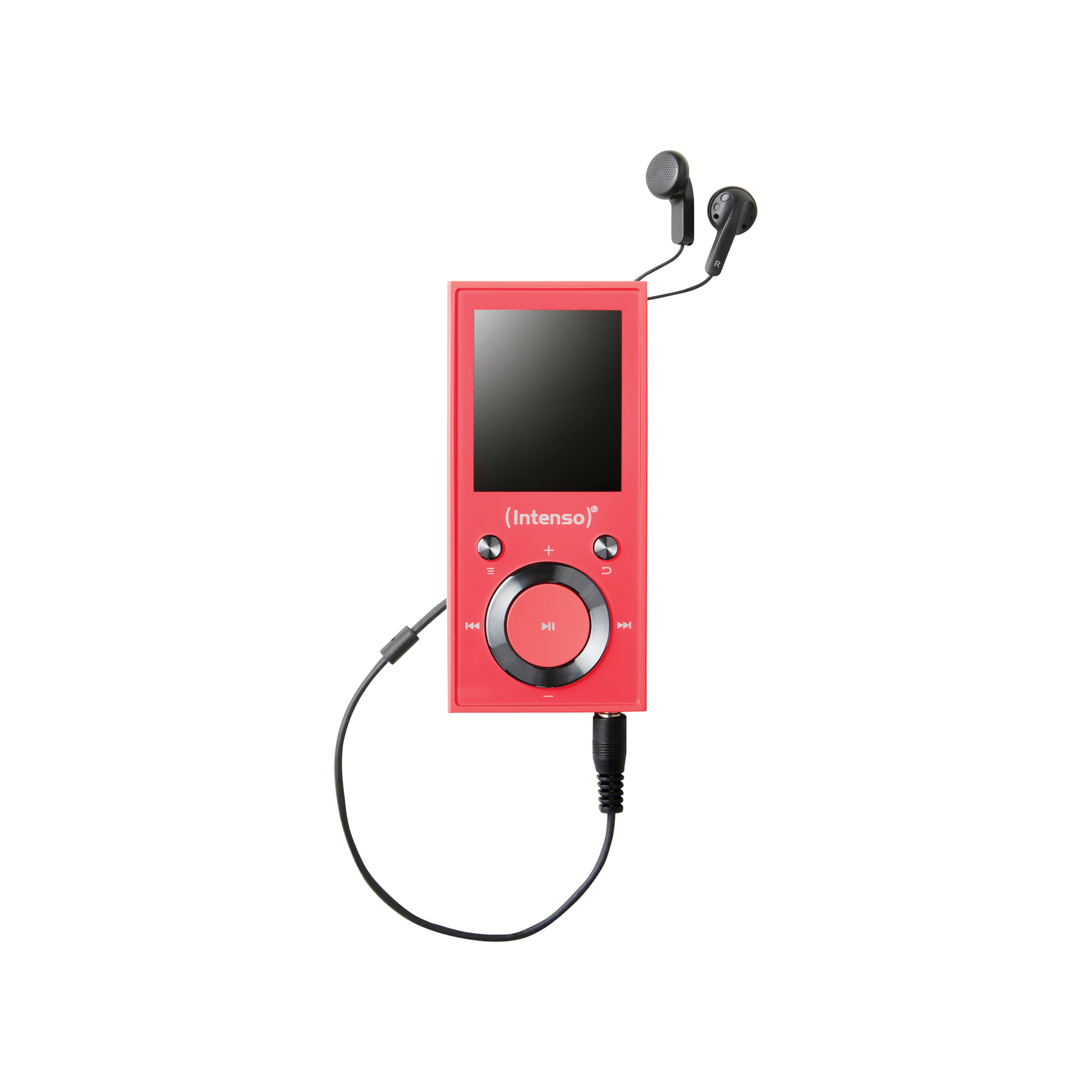 Ein roter MP3-Player mit Bildschirm und schwarzen Ohrhörern.