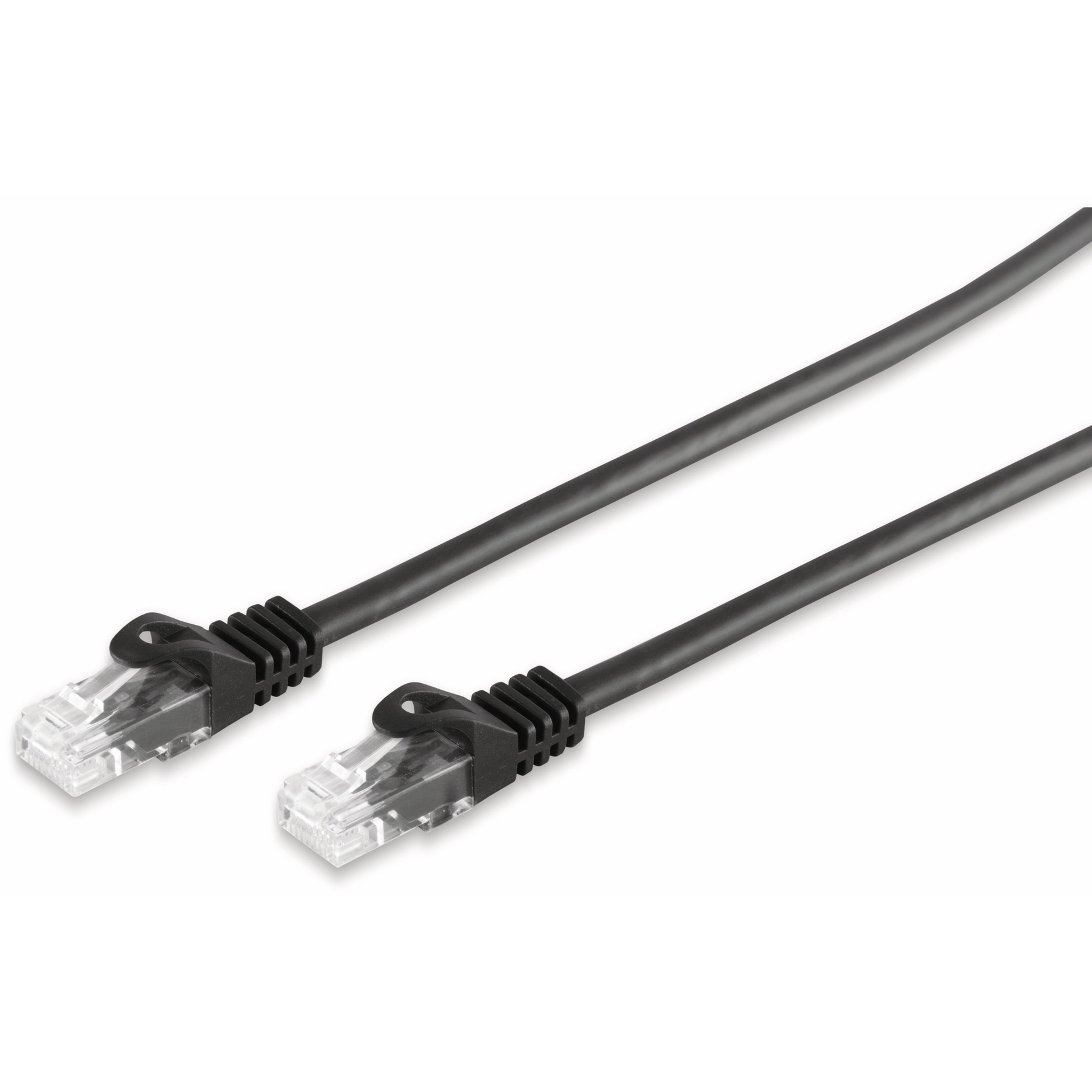 Zwei schwarze Ethernet-Kabel mit transparenten Steckern.