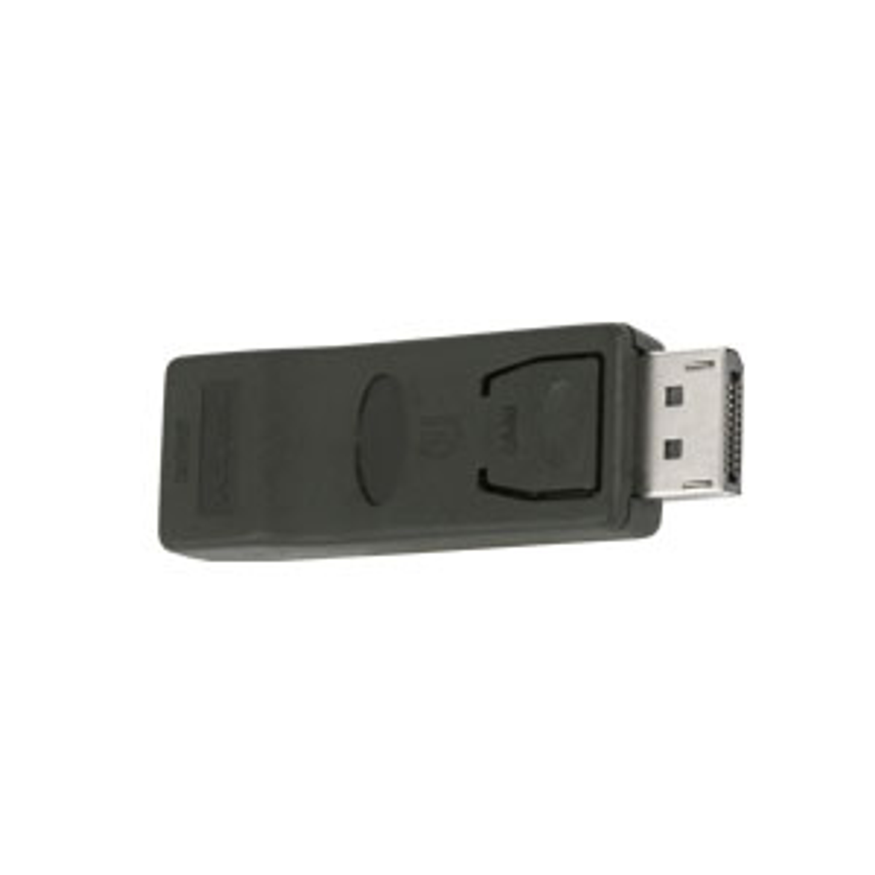 Schwarzer DisplayPort-Adapter auf weißem Hintergrund, mit Stecker und schwarzem Gehäuse.