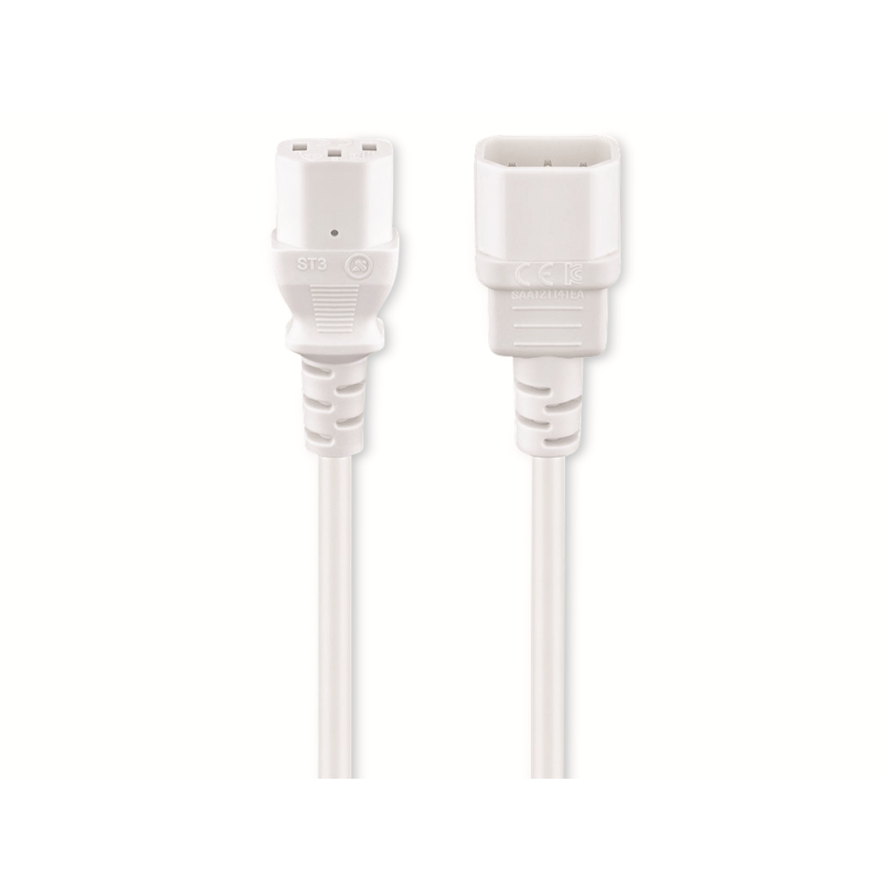 Dwa białe kable zasilające ze złączami, na białym tle.