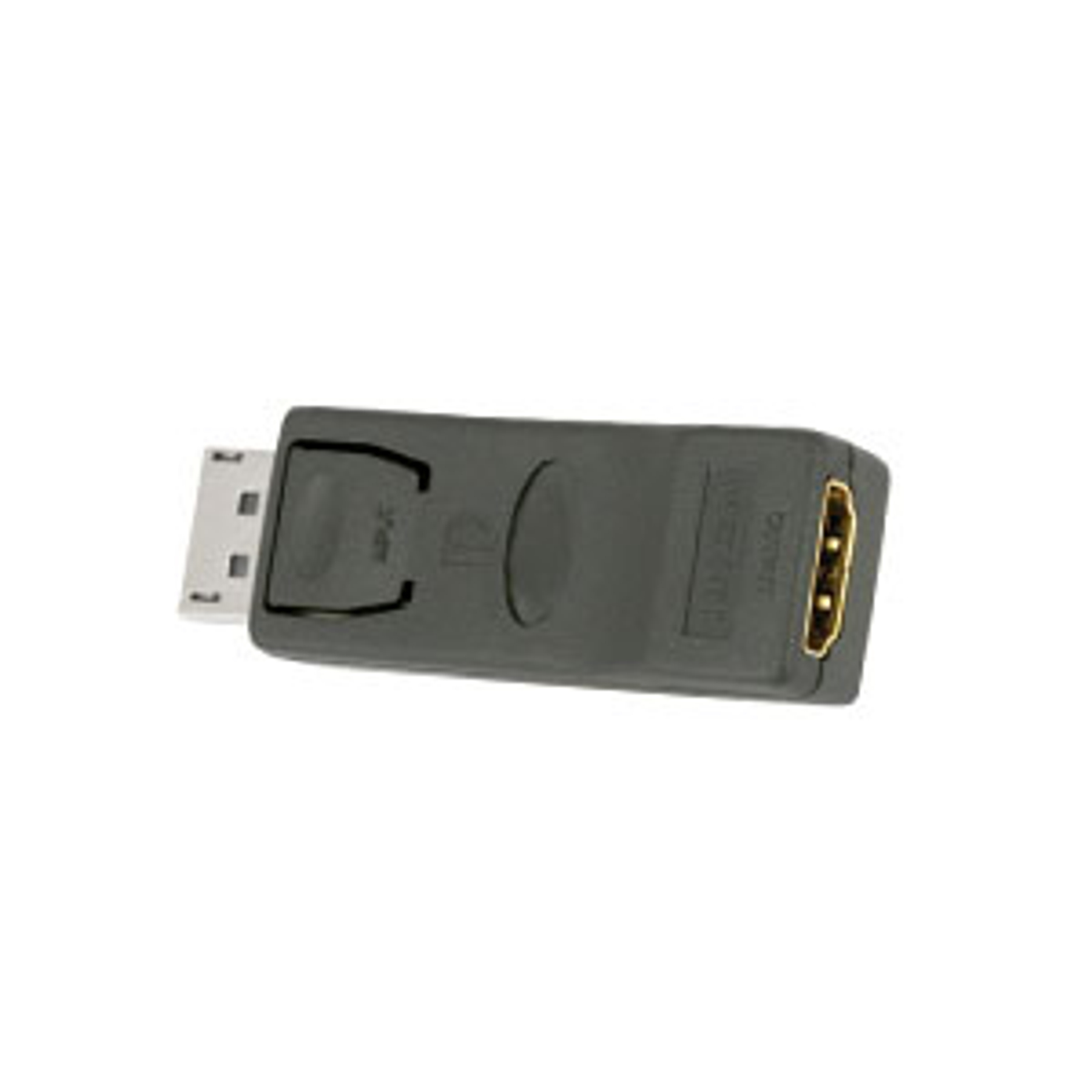 Grauer HDMI-zu-USB-C-Adapter. Weißer Hintergrund. Der Adapter hat einen USB-C-Anschluss und einen HDMI-Anschluss.