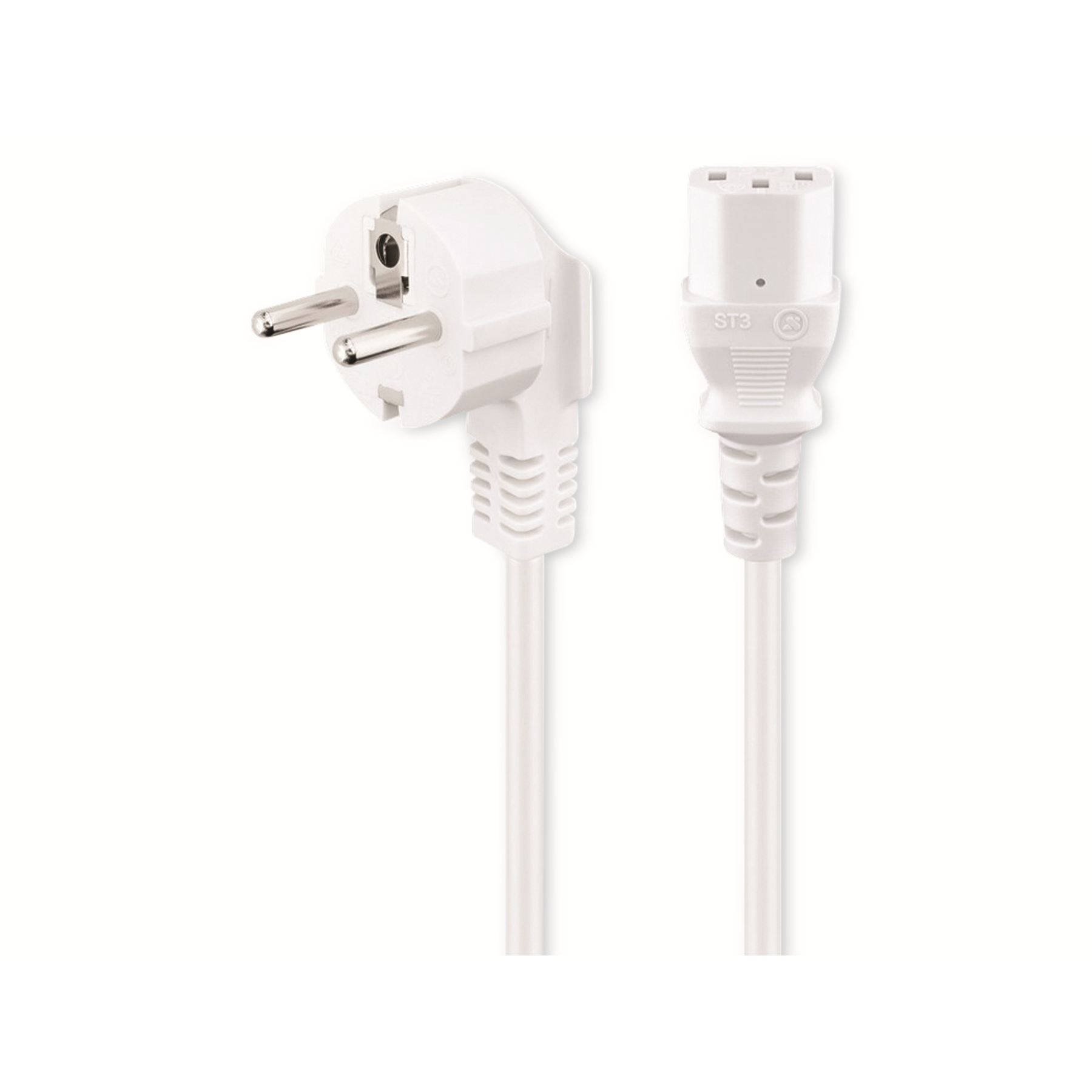 Biały przewód zasilający z wtyczką na jednym końcu i złączem na drugim.