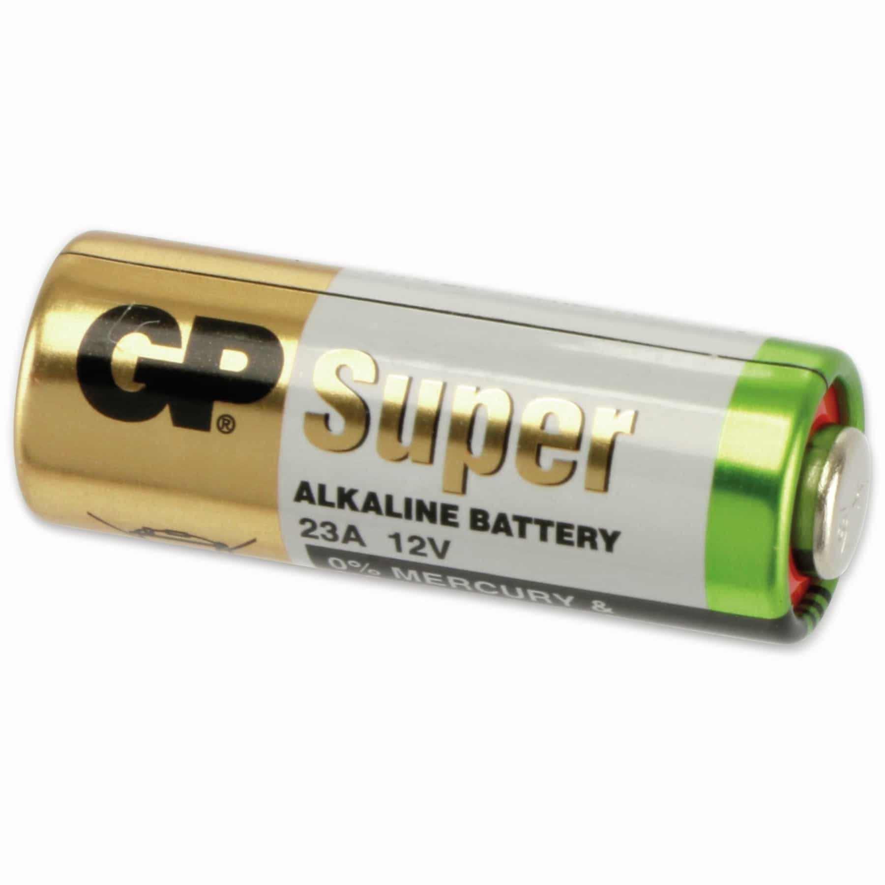 Una batteria cilindrica oro e bianca con l'etichetta 'Super Alkaline'.