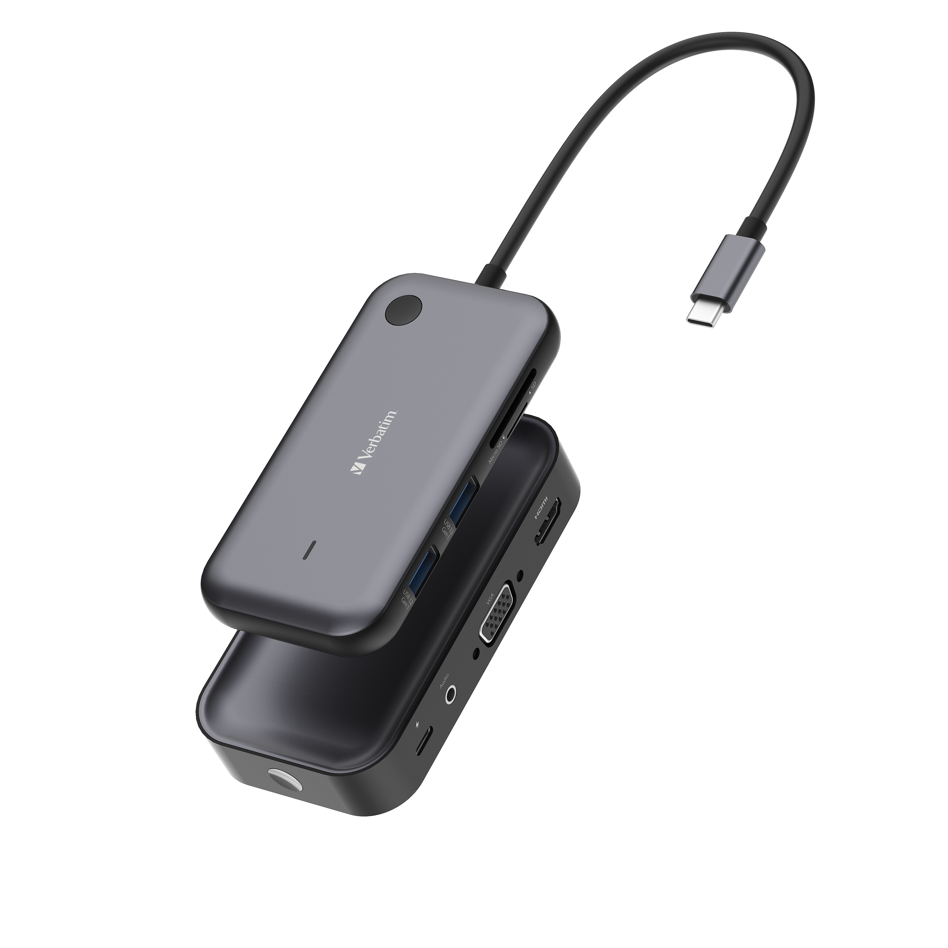 Adattatore multiporta grigio Verbatim con cavo USB-C.