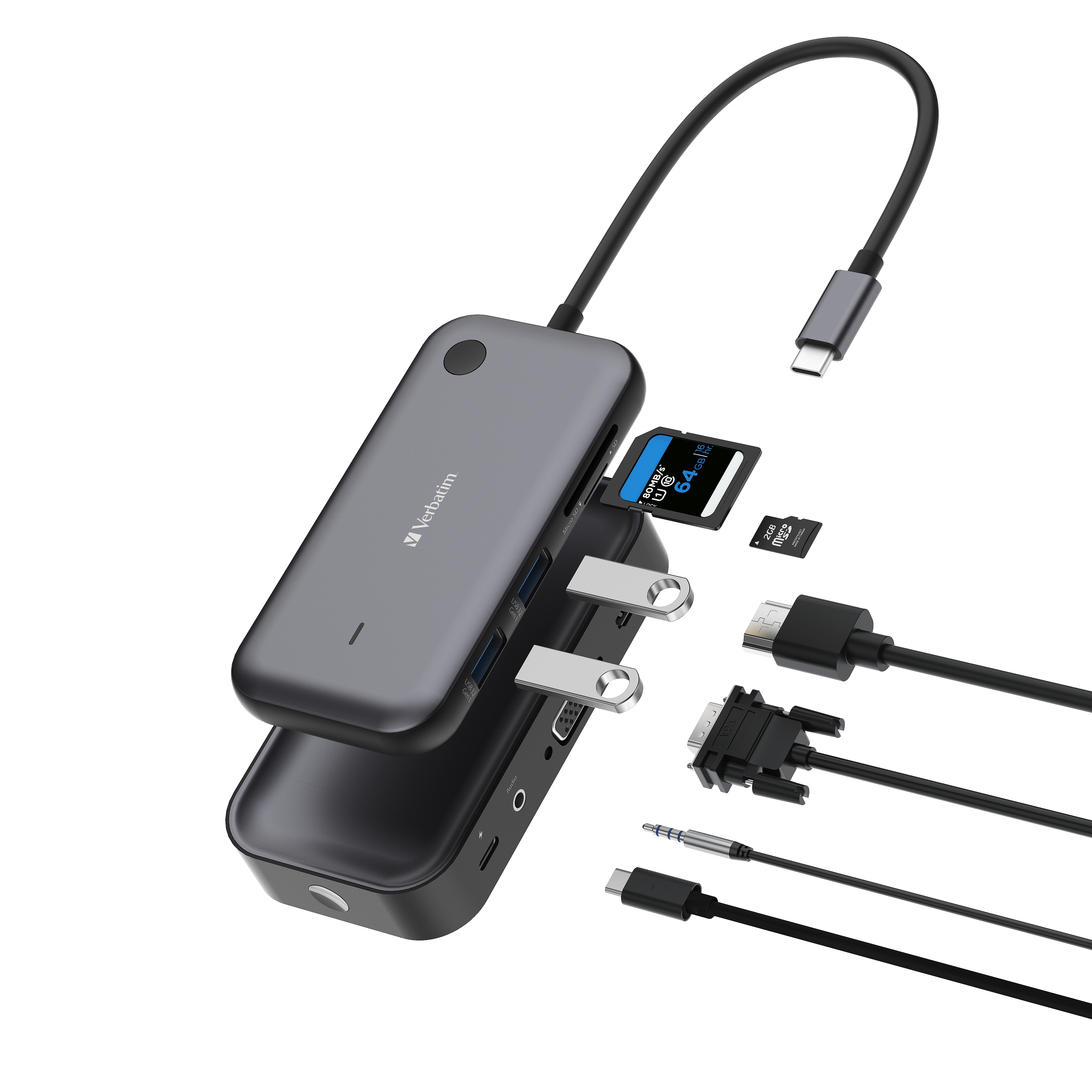 Hub USB Verbatim grigio con scheda SD, unità USB e vari cavi. Cavo USB-C collegato.