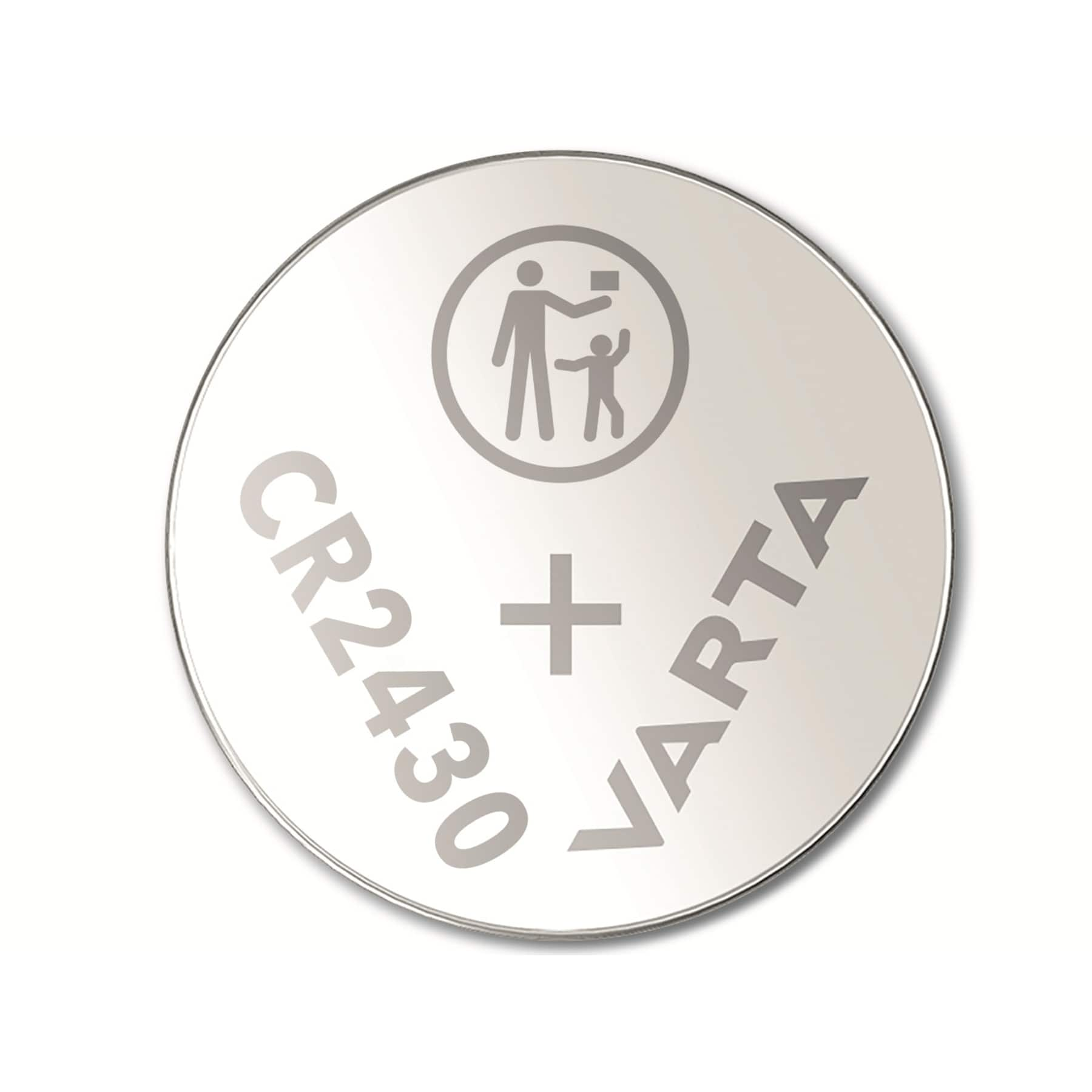 Okrągła bateria Varta CR2430. Tekst brzmi CR2430 i VARTA. Obecny jest symbol osoby z dzieckiem.