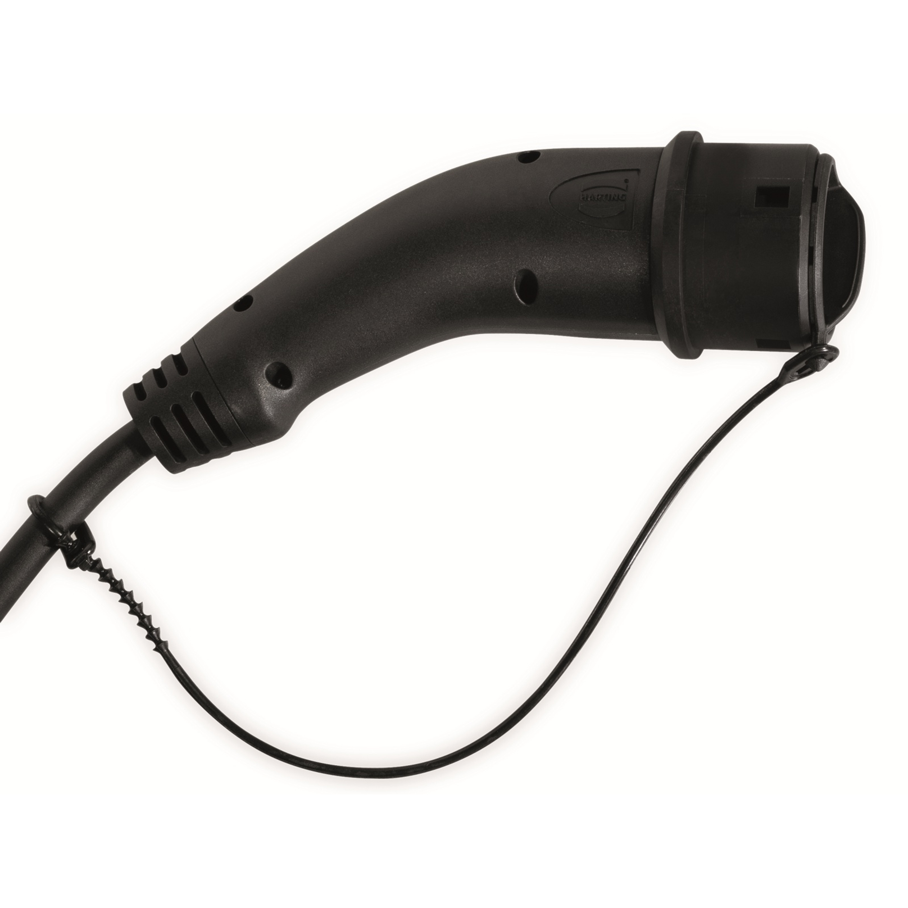 Ein schwarzer Ladestecker für Elektrofahrzeuge mit schwarzem Kabel, weißer Hintergrund.