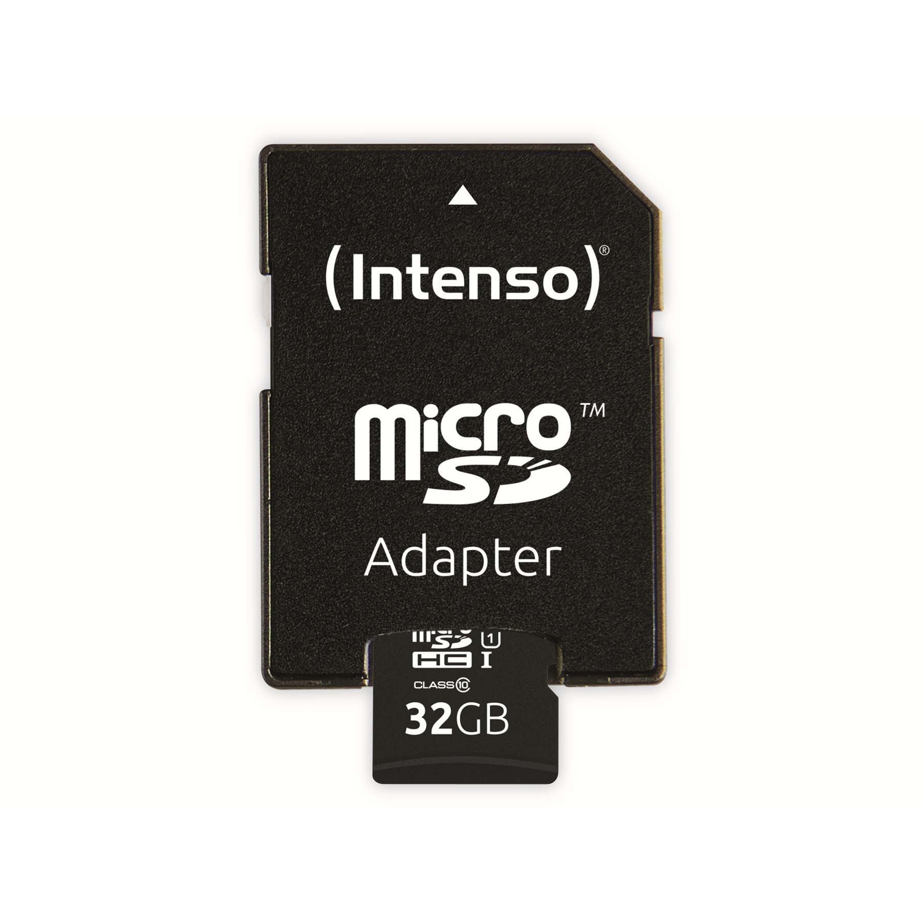 Schwarzer Micro-SD-Adapter mit 32GB Micro-SD-Karte. Weißer Hintergrund.