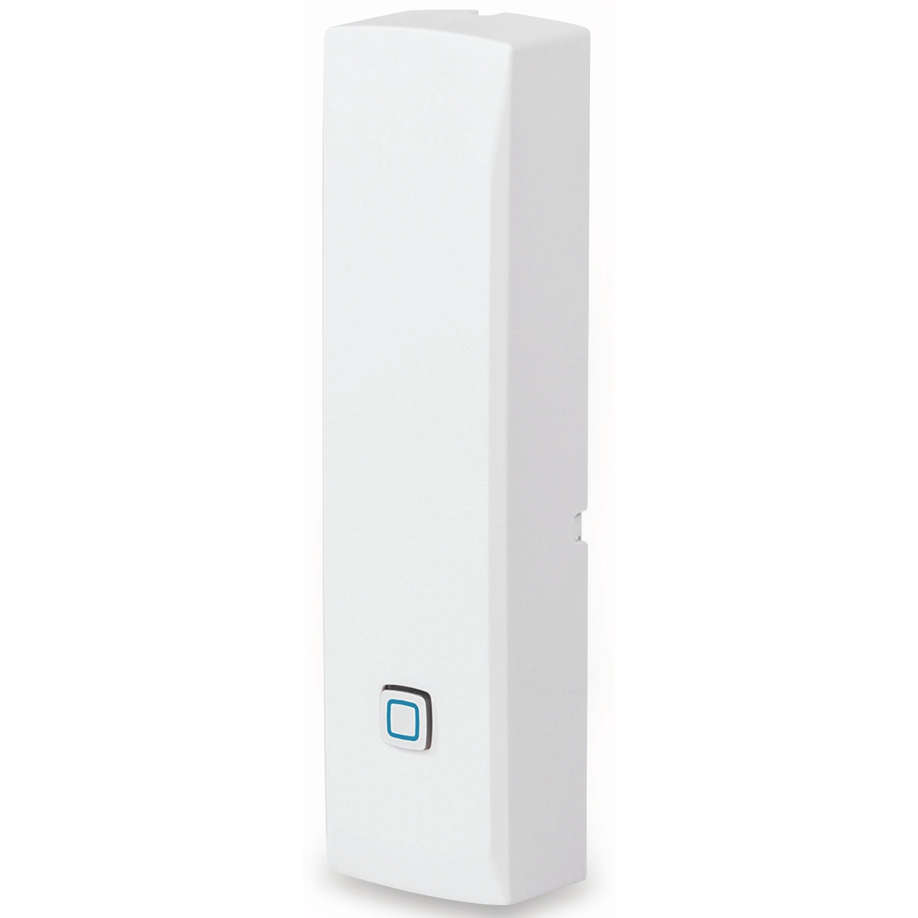 Białe prostokątne urządzenie z niebieskim przyciskiem. To dzwonek do drzwi lub dzwonek.