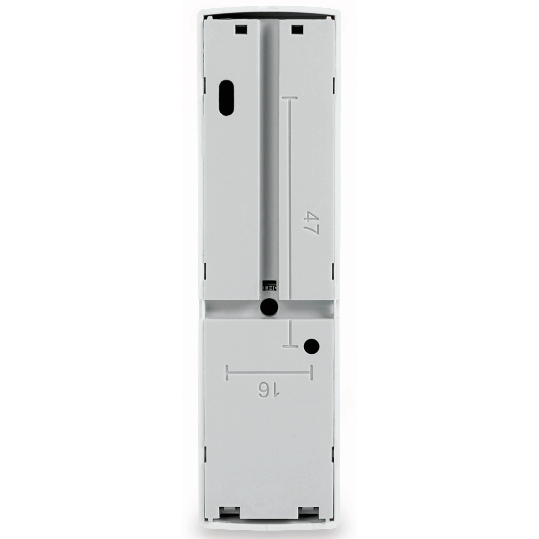 Białe, prostokątne urządzenie z oznaczonymi wymiarami. Czarna kropka i linie na urządzeniu, z numerami.