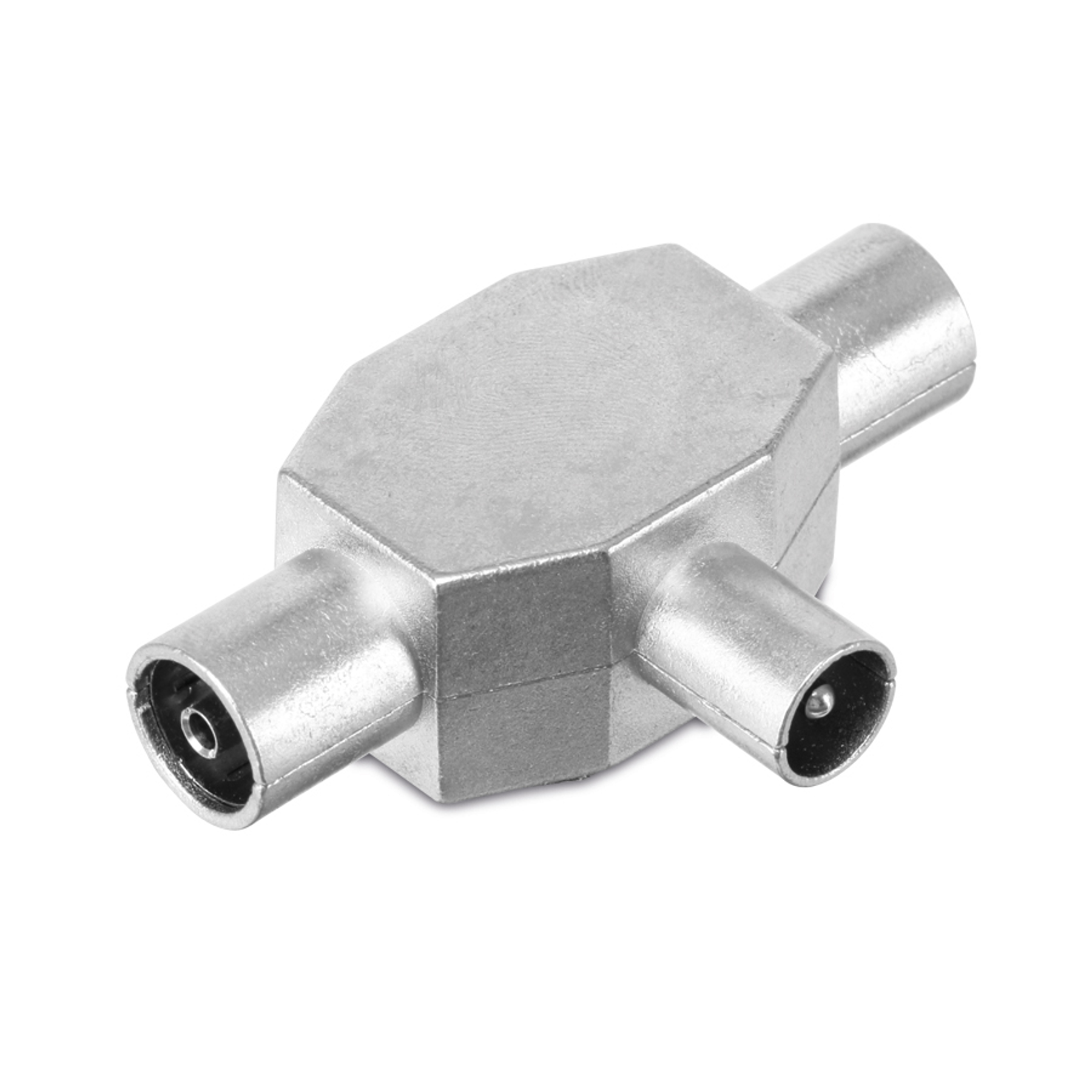 Ein silberfarbener, T-förmiger Stecker mit drei Buchsen für Koaxialkabel.