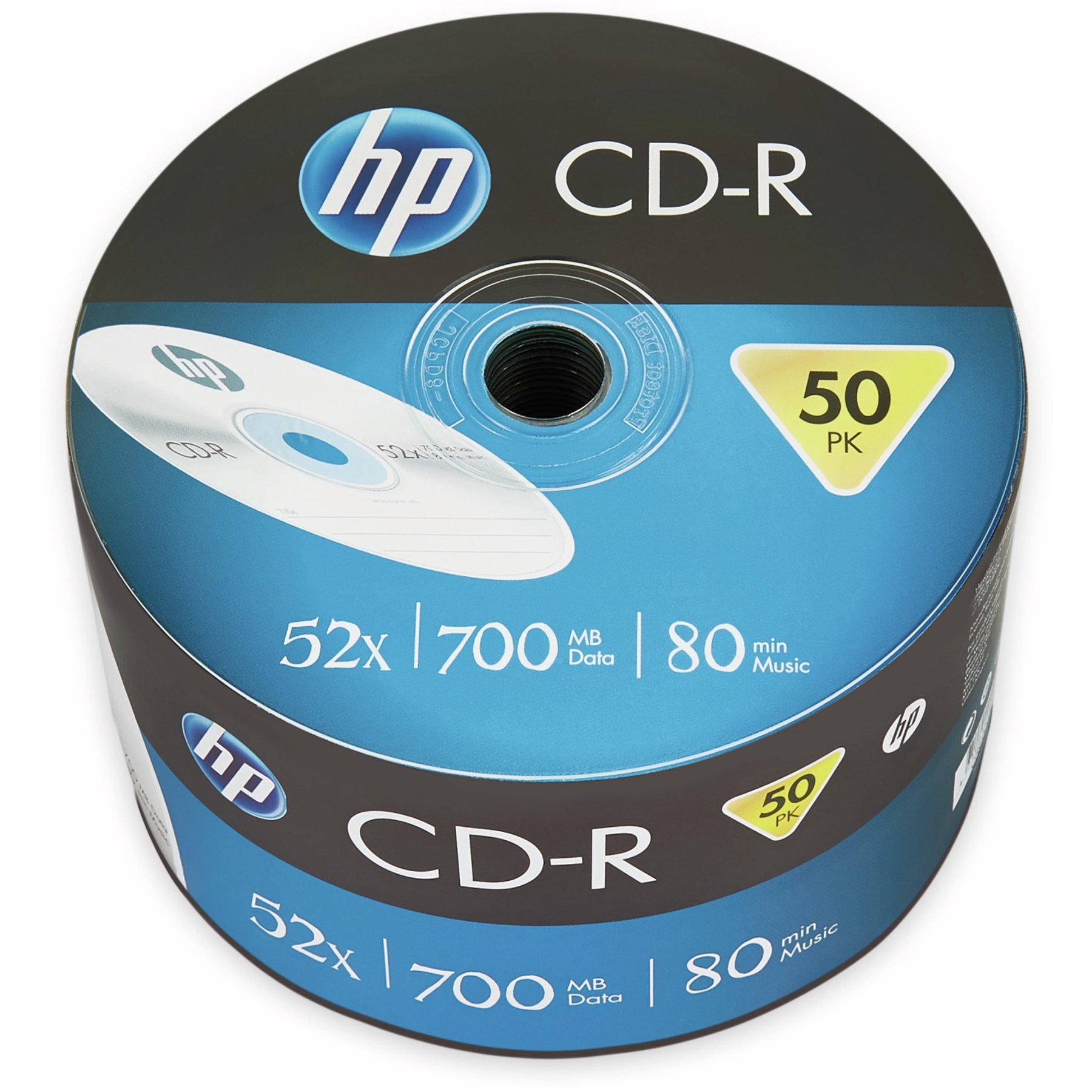 Stapel von HP CD-R-Discs mit blauen und schwarzen Etiketten und Text, der 50 Discs angibt.