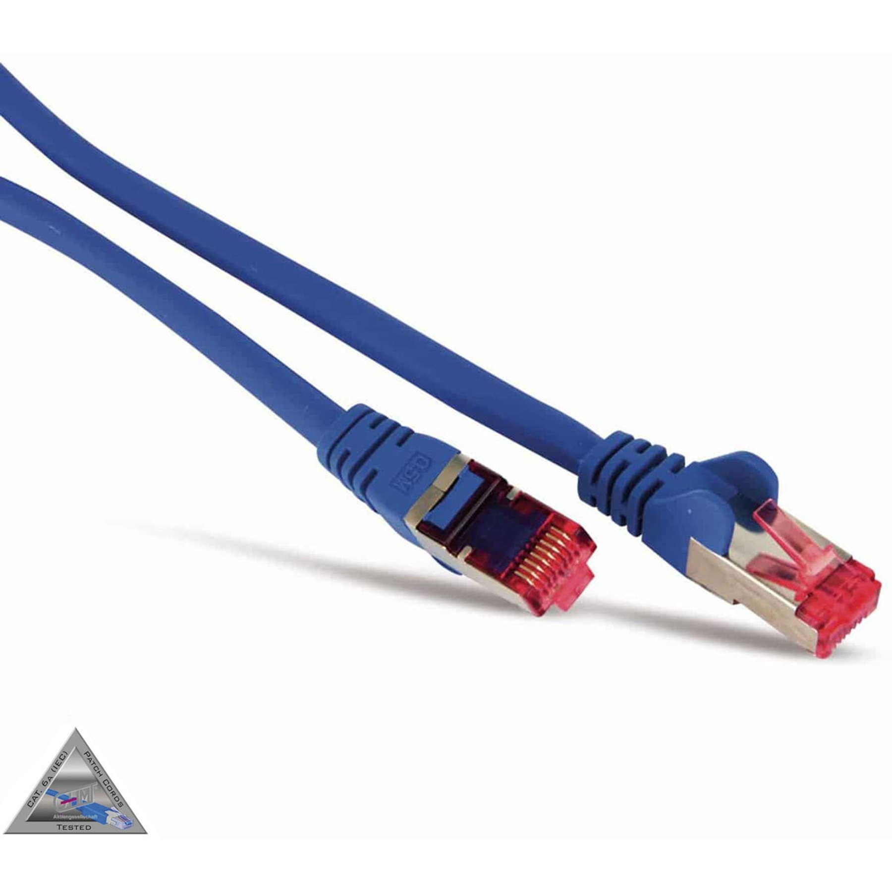 Zwei blaue Netzwerkkabel mit RJ45-Anschlüssen. Ein Stecker ist rot, der andere blau.
