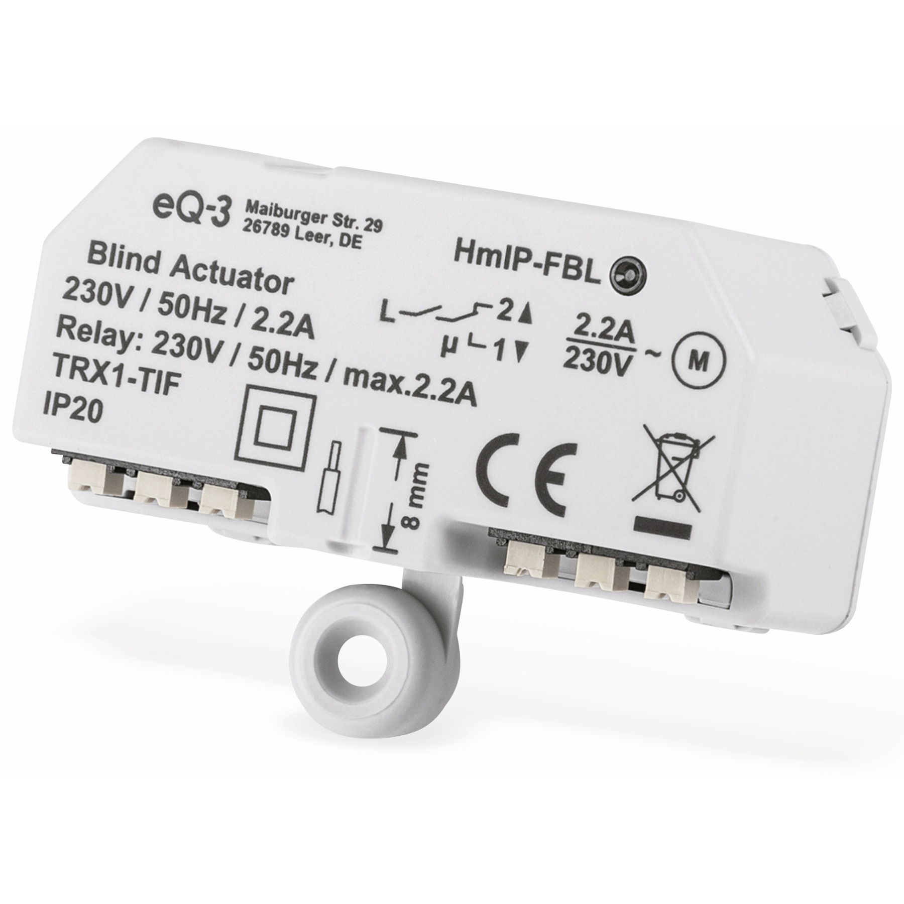 Weißes elektronisches Gerät mit Anschlüssen und Beschriftungen. Mit einer Schlaufe zum Aufhängen.