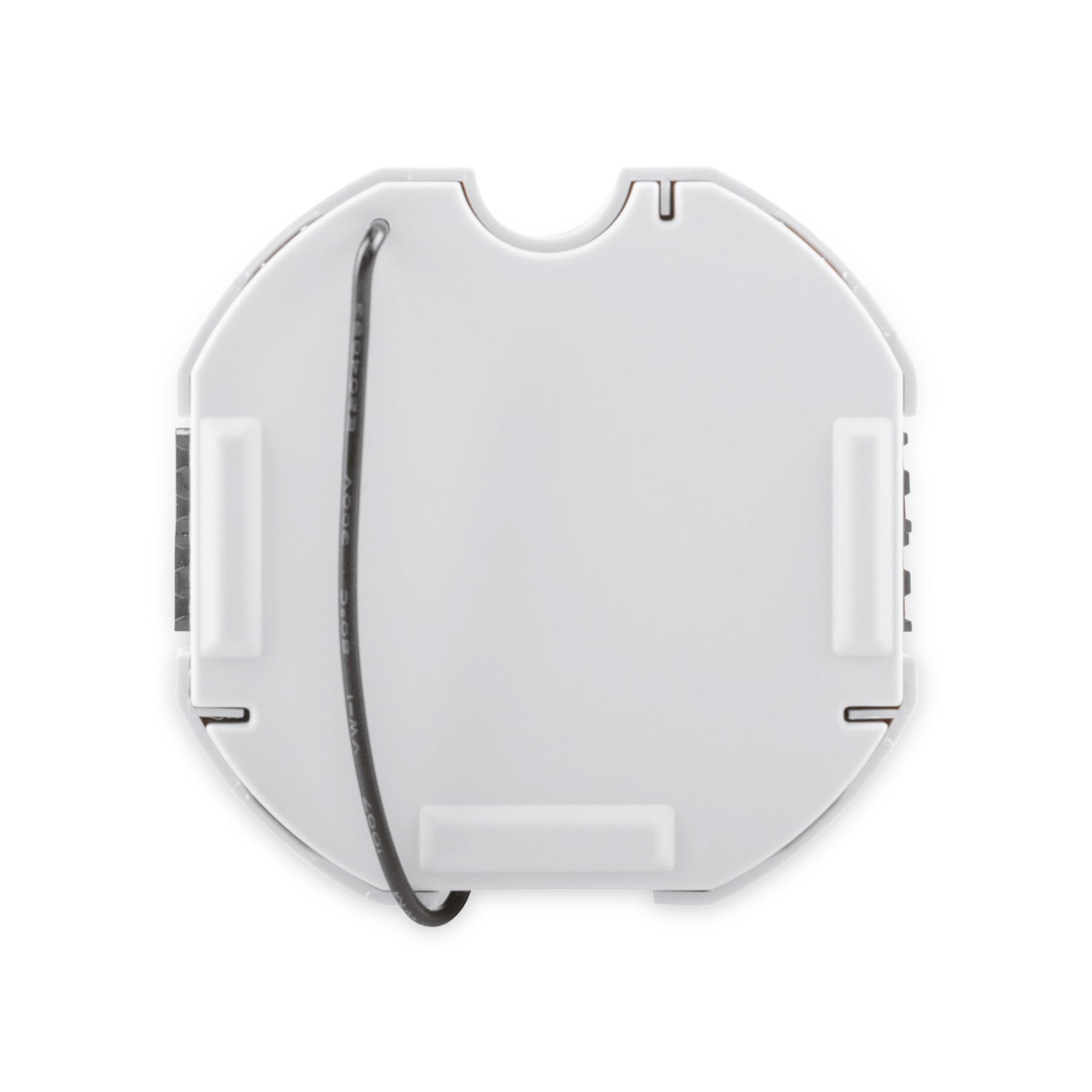 Un dispositivo blanco y circular, probablemente un componente de hogar inteligente, con un cable negro.
