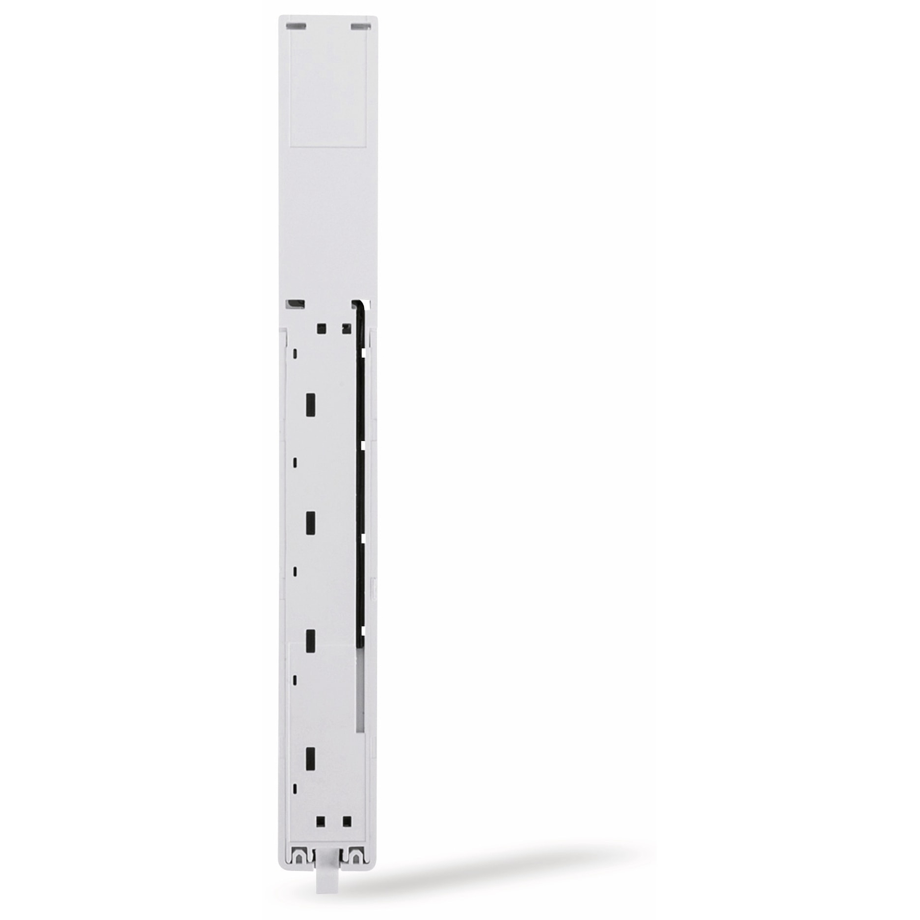 Biała listwa zasilająca, widok z boku, z różnymi otworami i kablem.