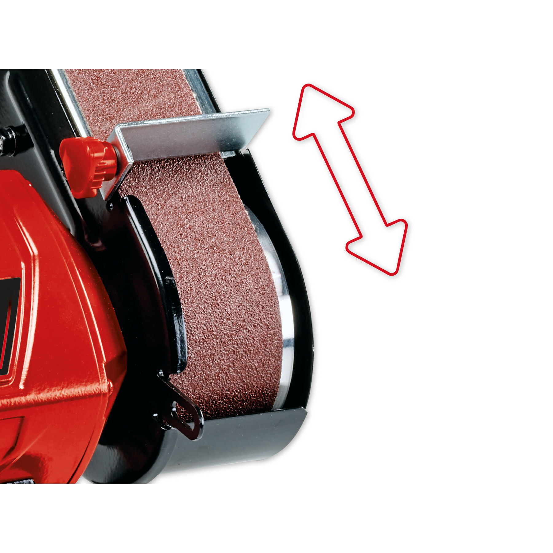Czerwono-czarna szlifierka ze strzałką wskazującą kierunek ruchu.