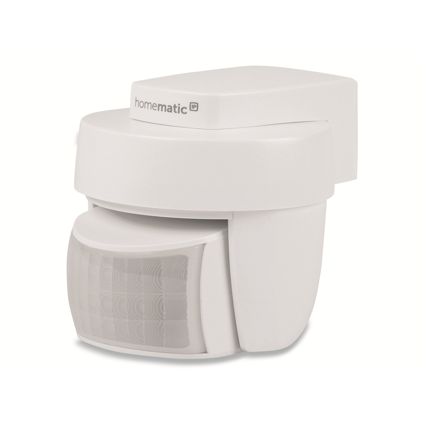 Biały czujnik ruchu w kształcie pudełka. Ma zaokrąglony przód i widoczną siatkę czujnika na białym tle.