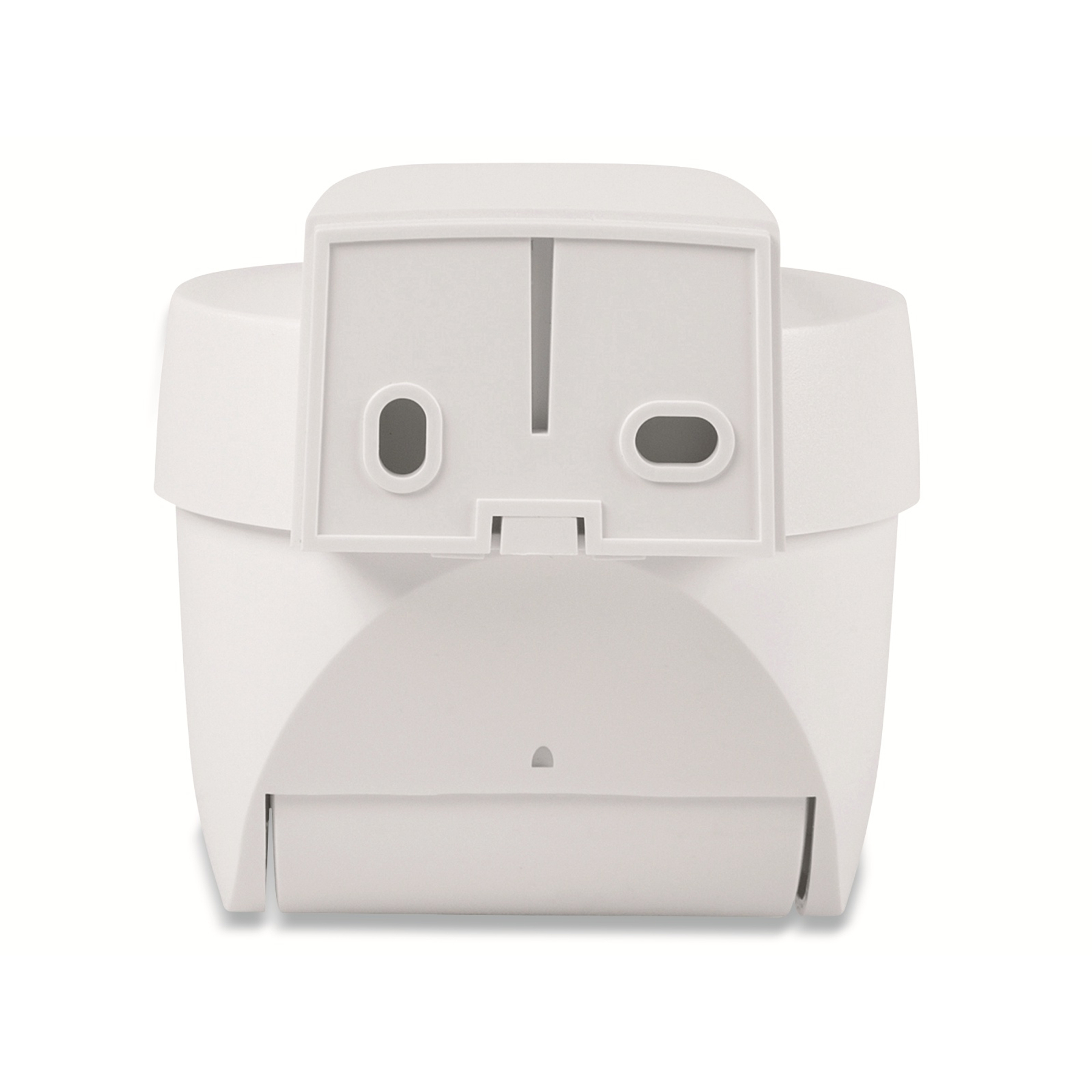 Białe urządzenie montowane na ścianie. Ma dwa owalne otwory i małą szczelinę z przodu, o zaokrąglonym kształcie.