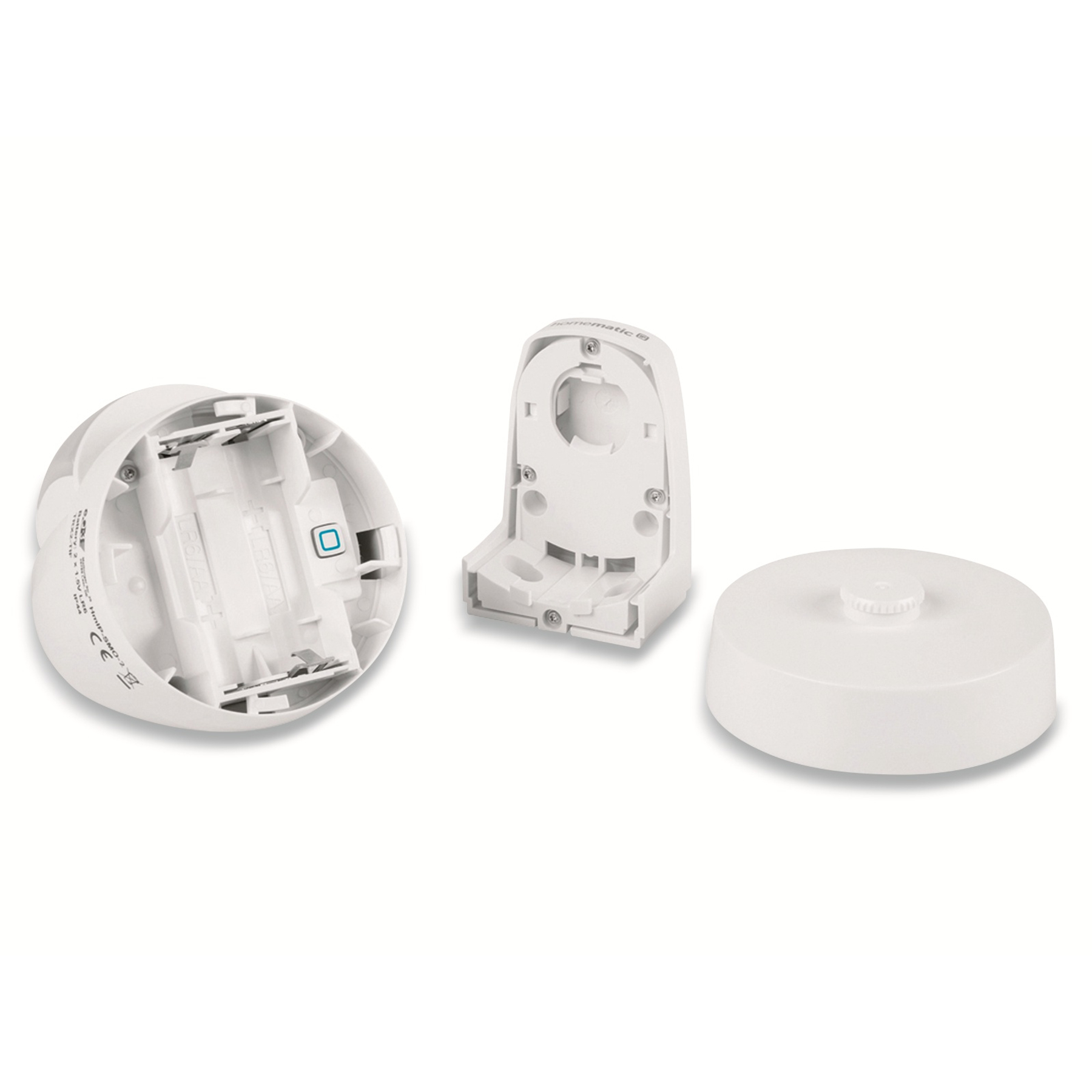 Białe zdemontowane części nawilżacza: podstawa, zbiornik na wodę i korpus główny.