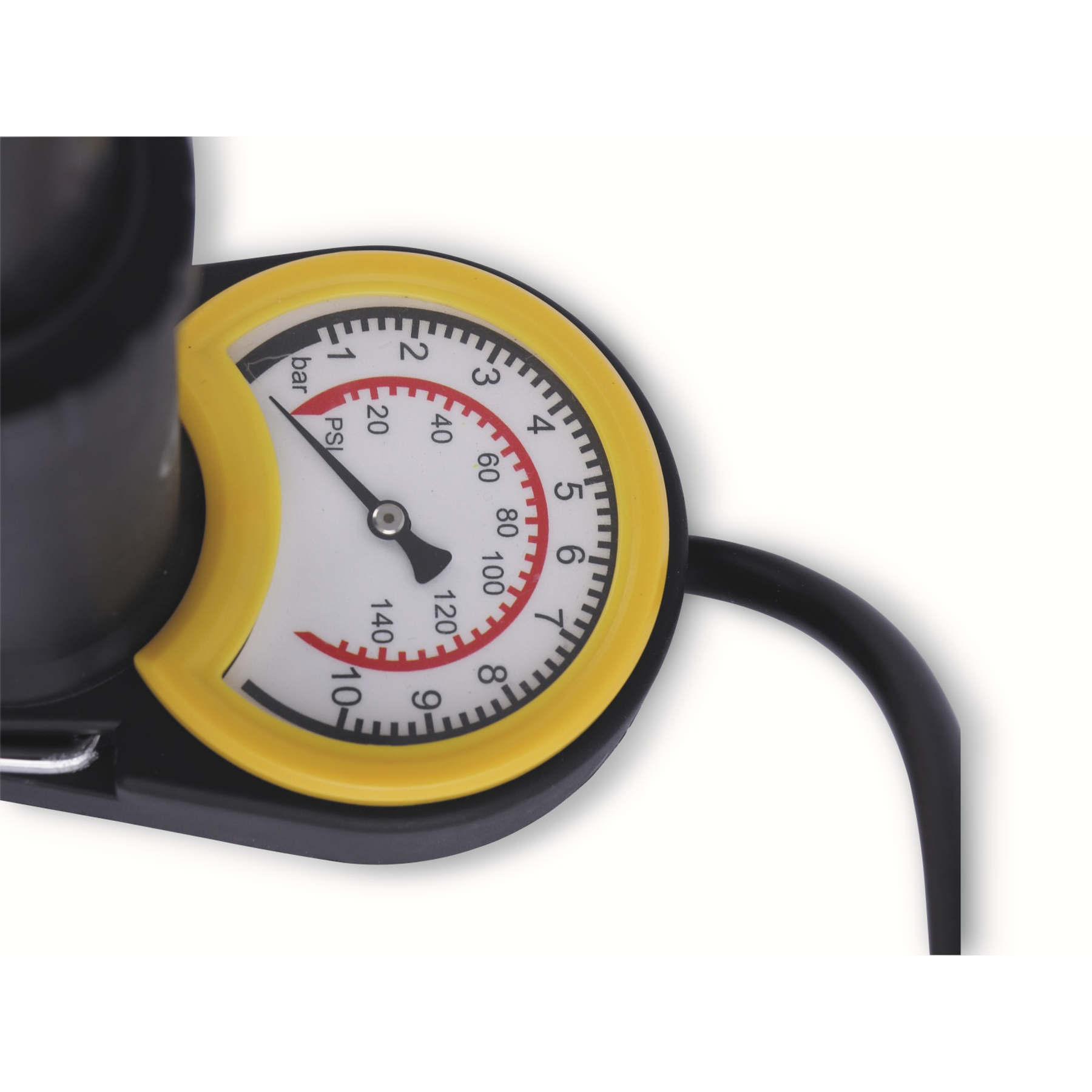 Gelb-schwarzes Manometer für eine Reifenpumpe.