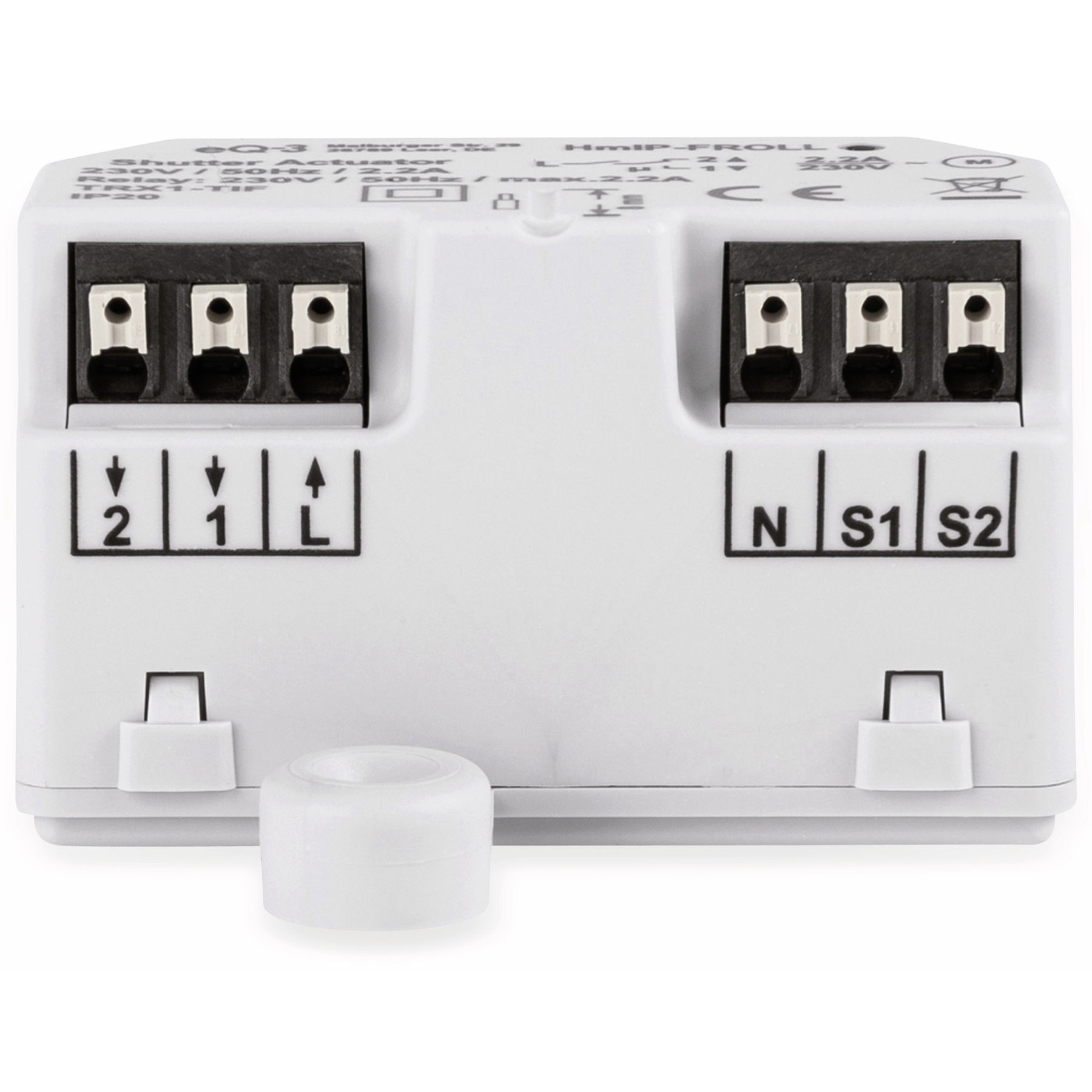 Ein weißes Smart-Home-Gerät mit beschrifteten Anschlussklemmen, mit einem weißen, abgerundeten Regler.